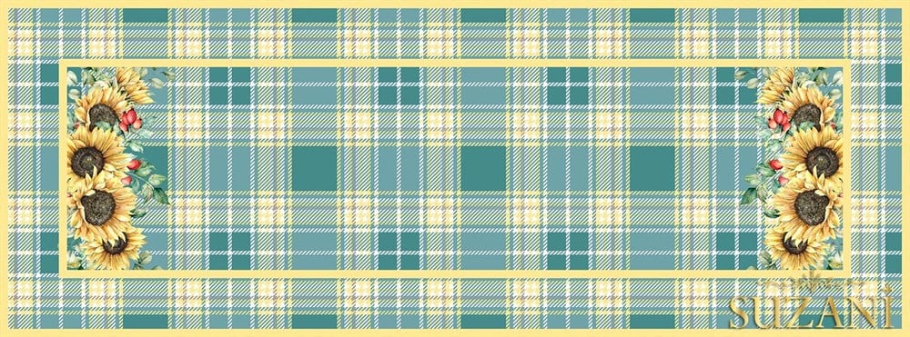 Ekose Üzeri Ayçiçeği Desenli Runner Kumaşı