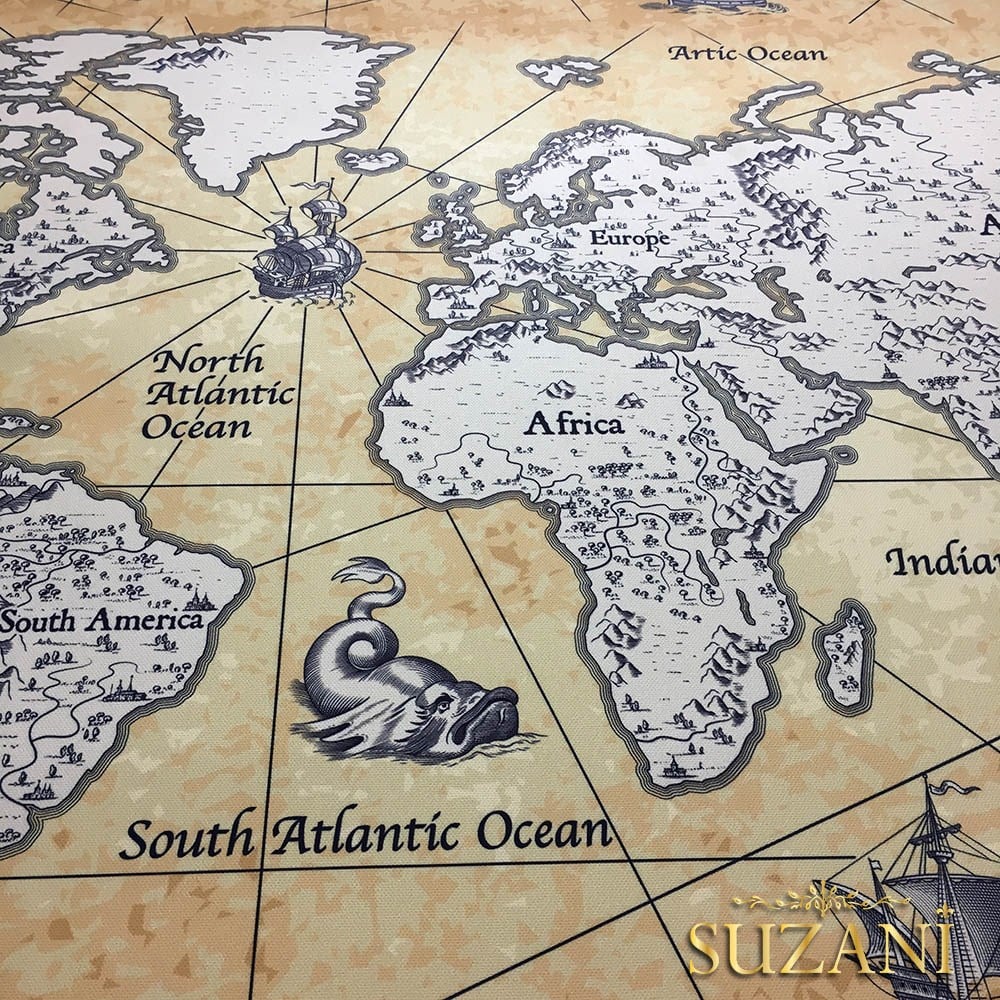 Eskitme Dünya Haritası Desenli Kumaş