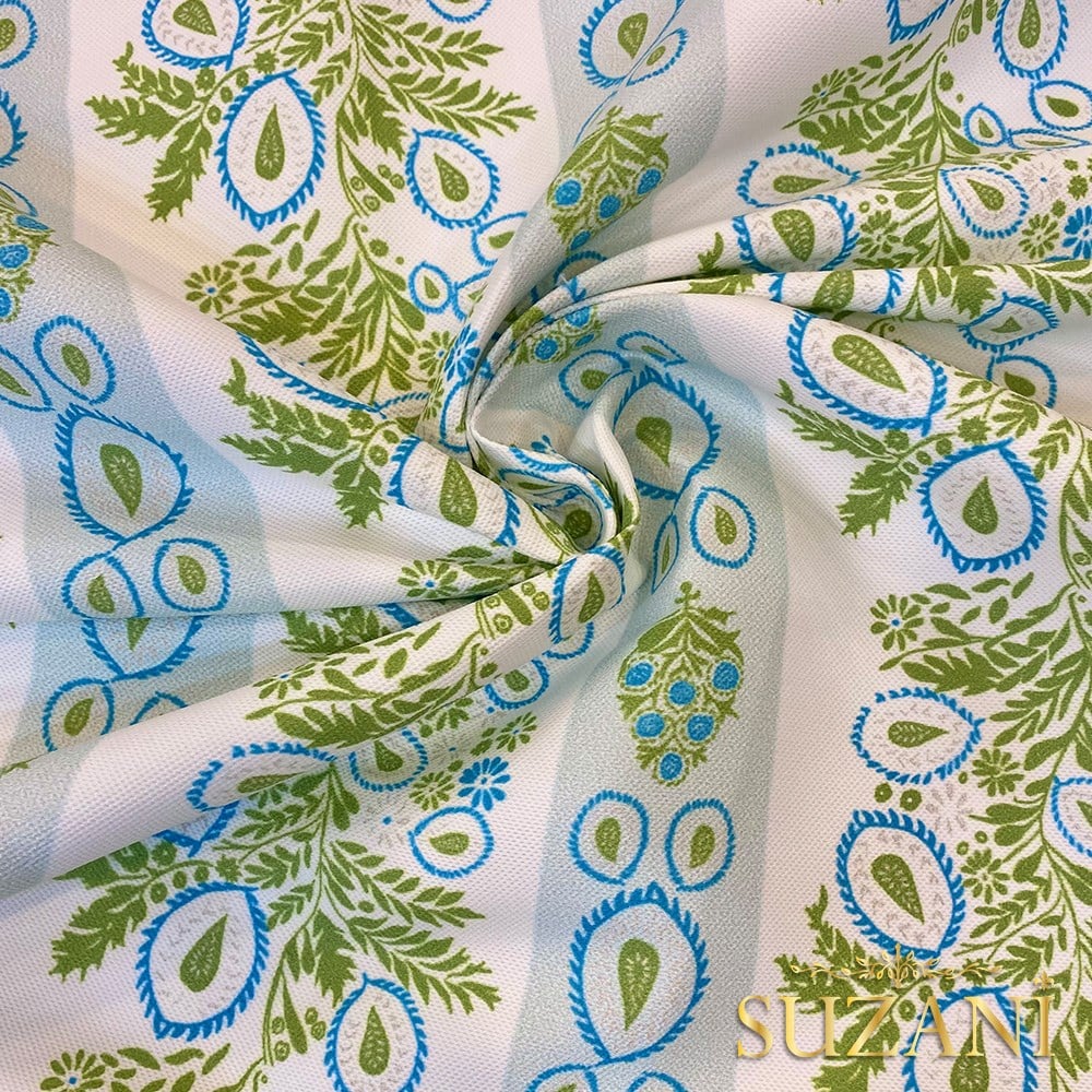 Fıstık Yeşili Motifli Çizgi Desenli Dijital Baskılı Kumaş