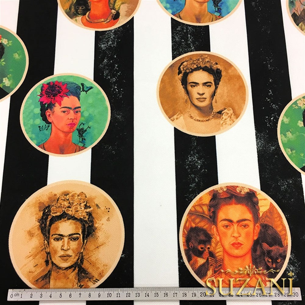 Frida Kahlo Desenli Çizgili Kumaş (Küçük Boy Desenler)
