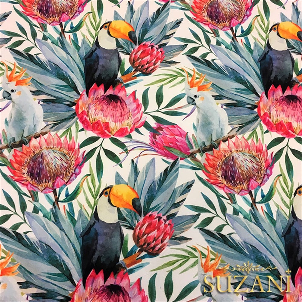 Fuşya Çiçek ve Tukan Desenli Kumaş