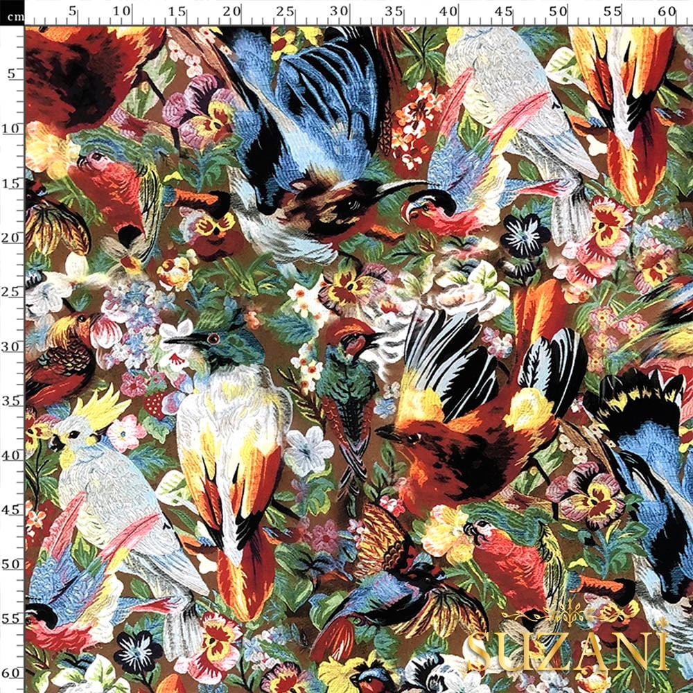 Goblen Kuş Desenli Dijital Baskılı Kumaş