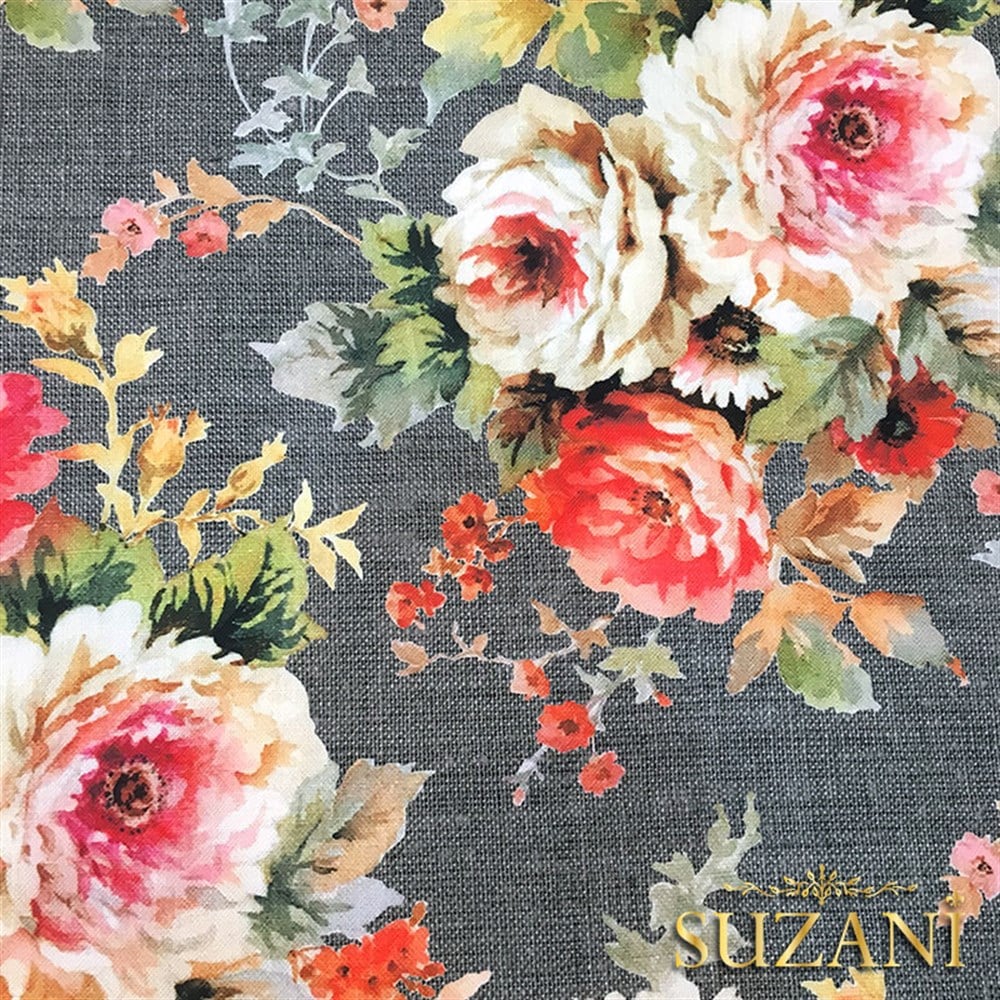 Gri Keten Güller Desenli Kumaş