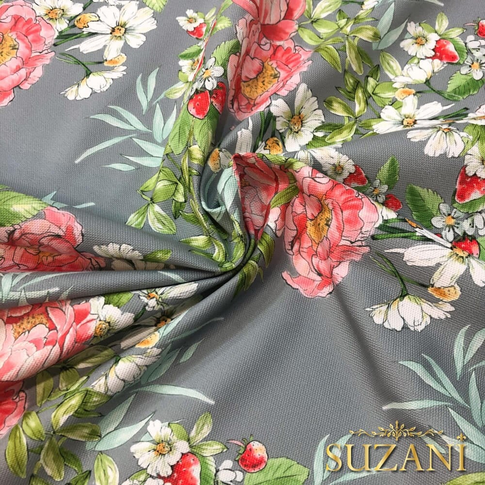 Gri Zemin Şakayık Desenli Dijital Baskılı Kumaş