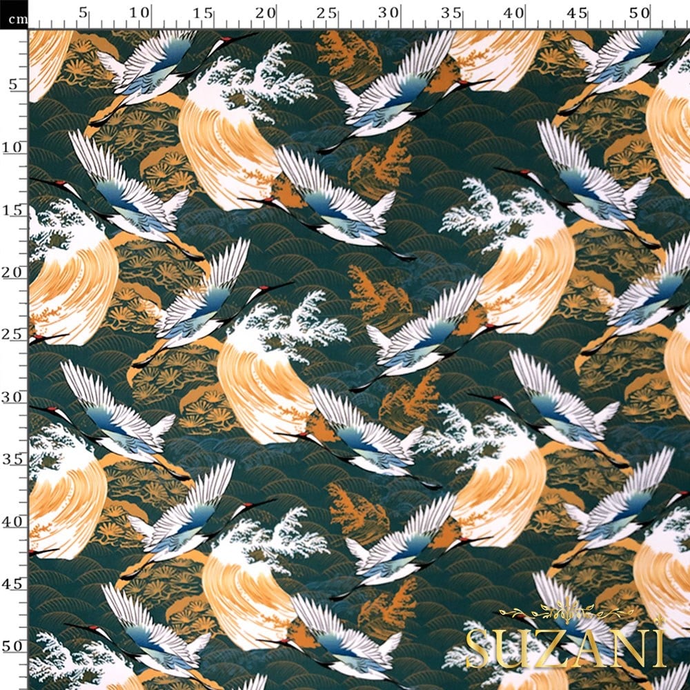 Japon Kuş Desenli Dijital Baskılı Kumaş