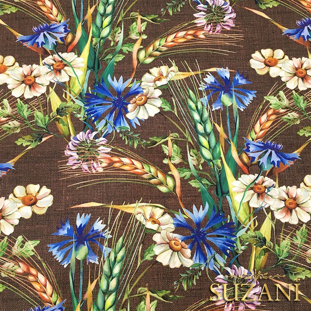 Kahve Keten Başaklar Desenli Kumaş