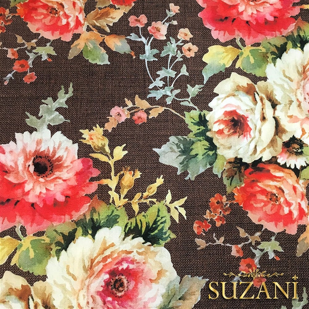 Kahve Keten Güller Desenli Kumaş