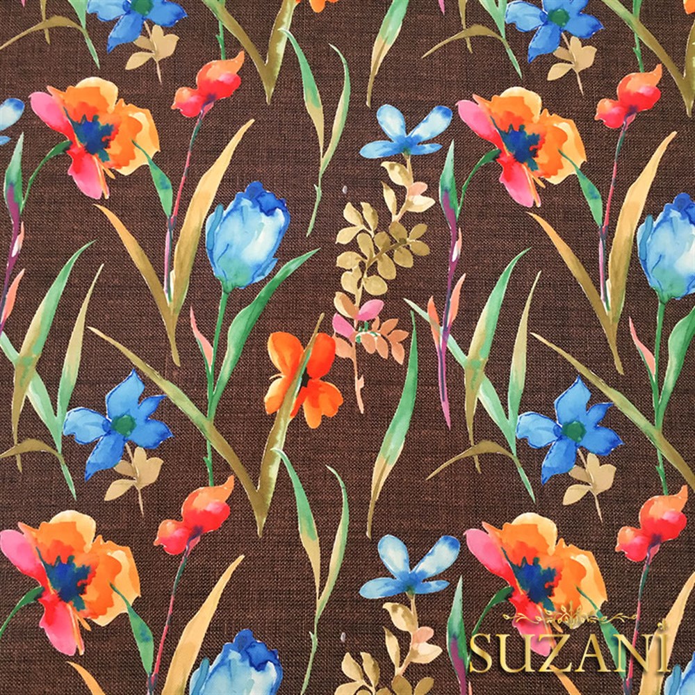 Kahve Keten Suluboya Çiçekler Desenli Kumaş