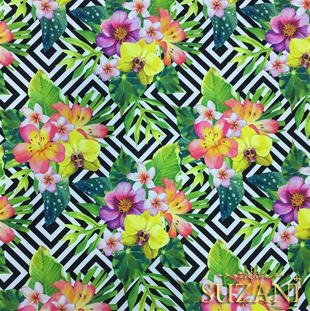 Kareler Üzeri Sarı Kırmızı Çiçekli Kumaş