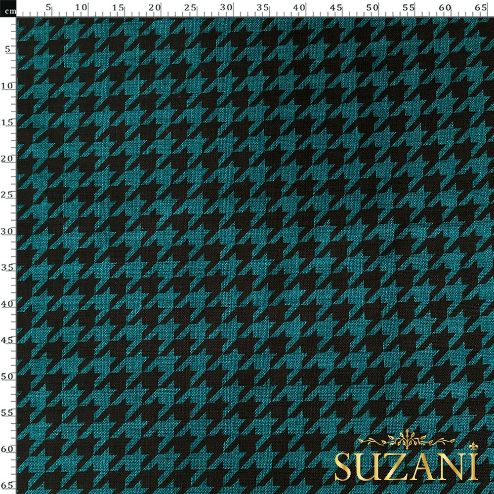 Keten Efektli Büyük Kahve Turkuaz Kazayağı Desenli Kumaş