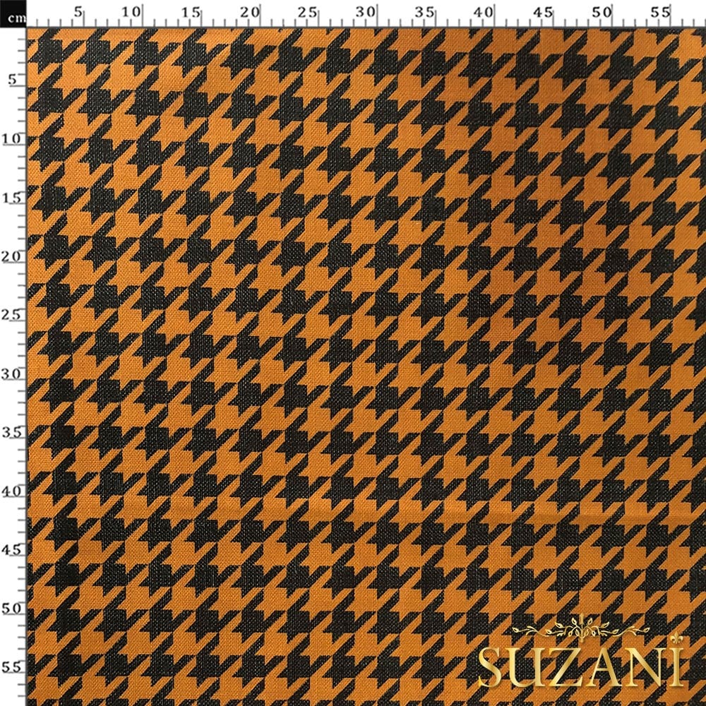 Keten Efektli Büyük Turuncu Siyah Kazayağı Desenli Kumaş