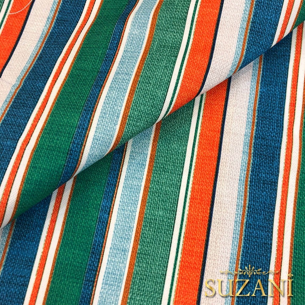 Keten Efektli Çizgi Desenli Dijital Baskılı Kumaş