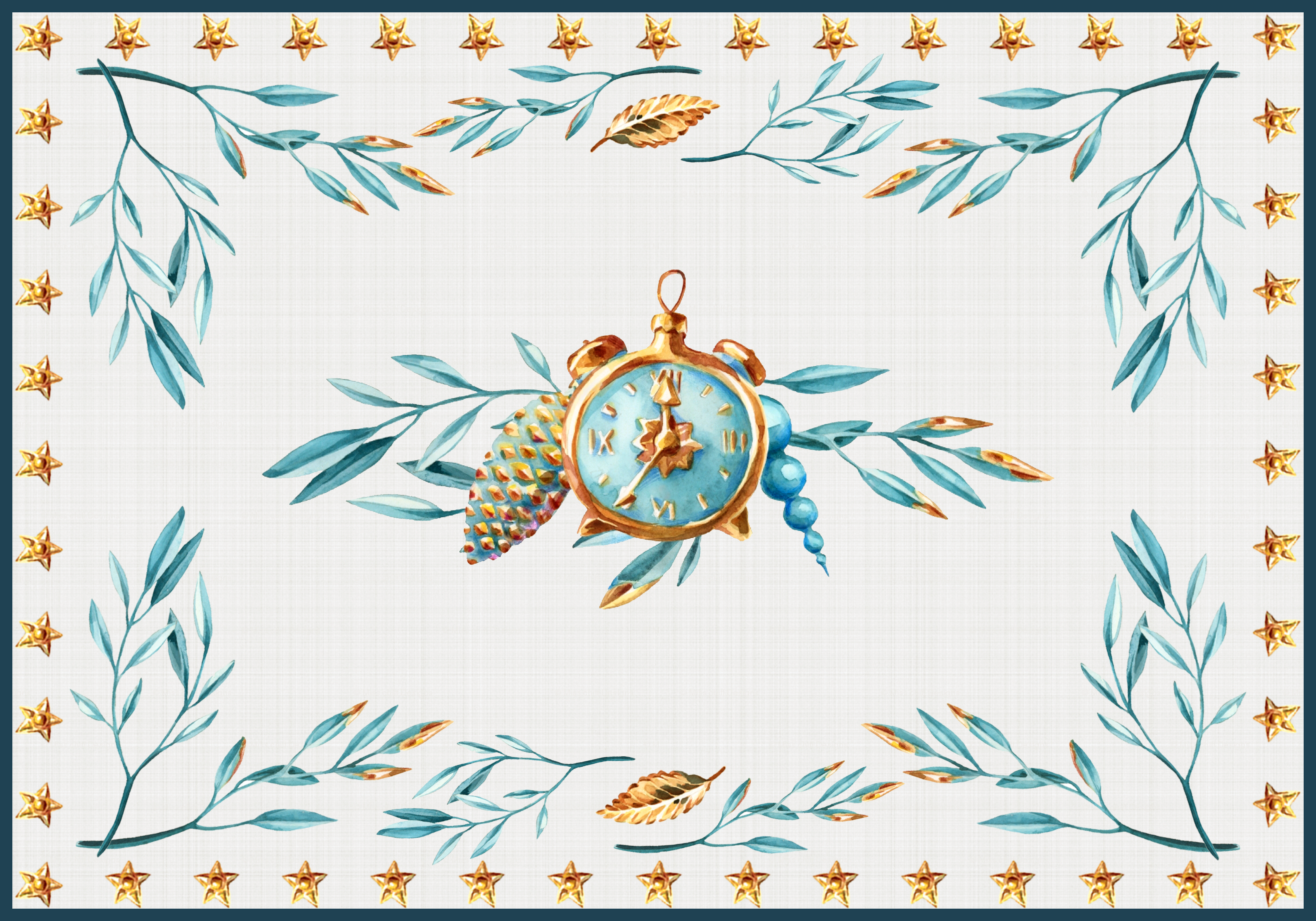 Keten Görünümlü Zemin Mavi Yılbaşı Süsleri Desenli 3'lü Amerikan Servisi Kumaşı