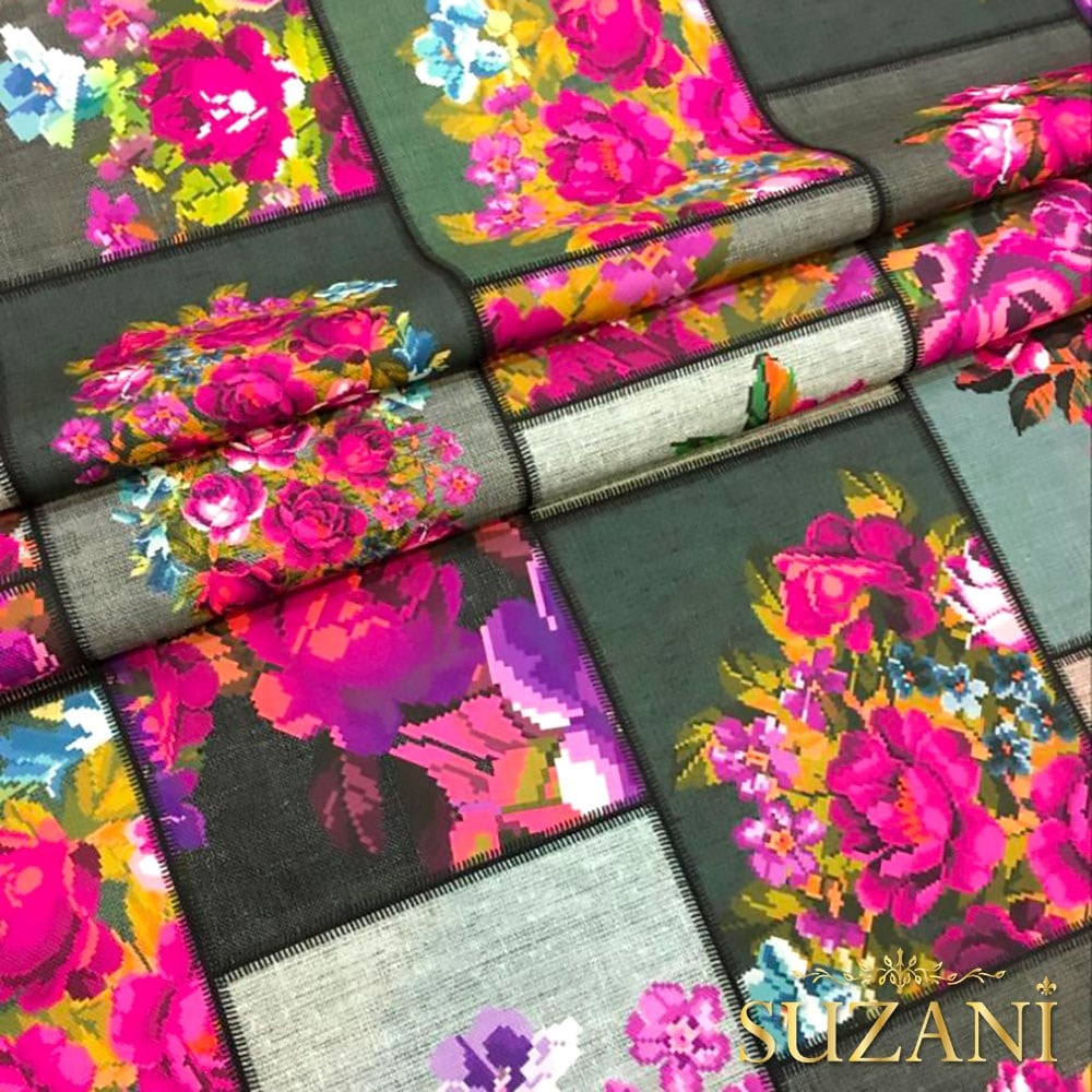 Keten Zemin Mor Çiçek Kanaviçe Desenli Kumaş