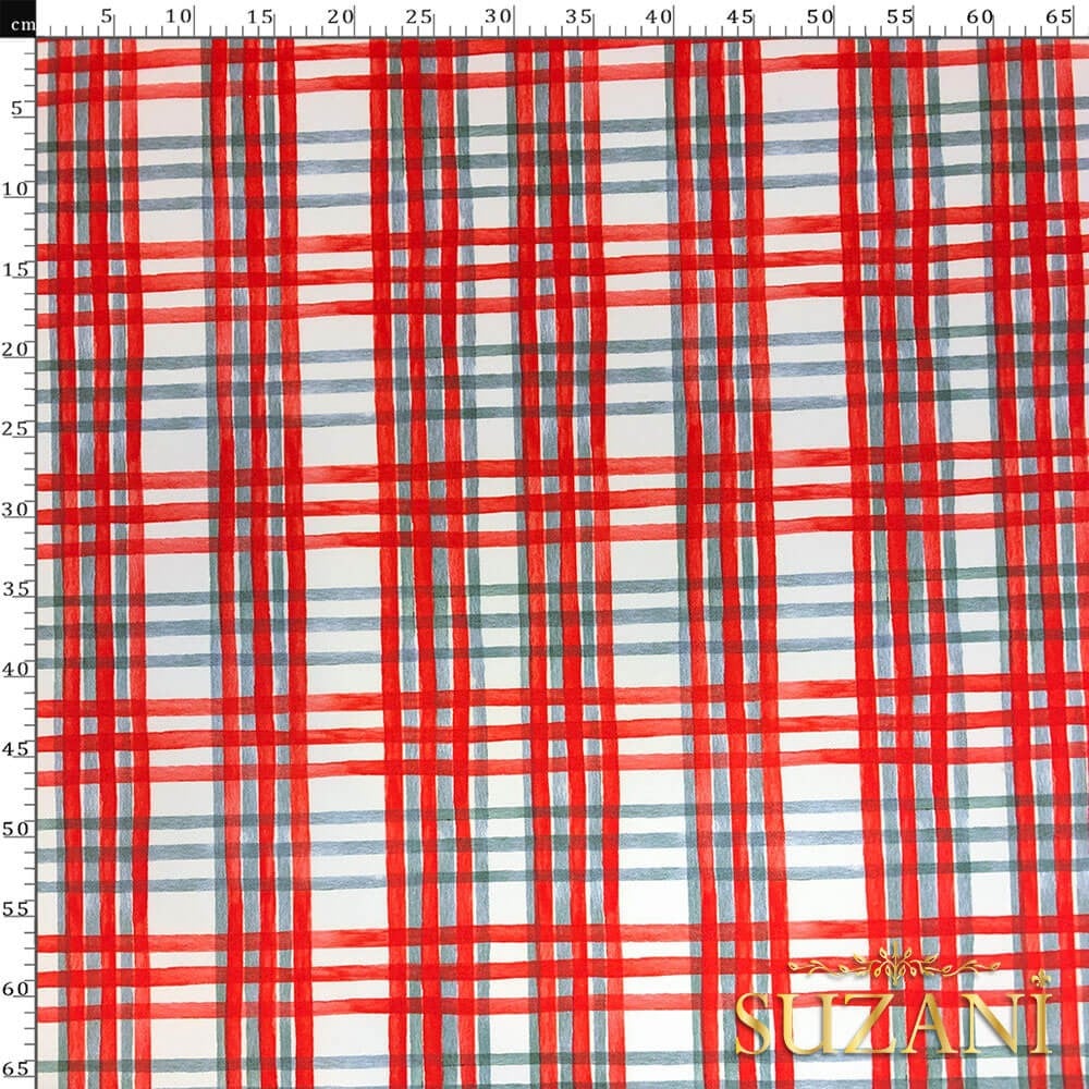 Kırmızı Gri Ekose Desenli Dijital Baskılı Kumaş