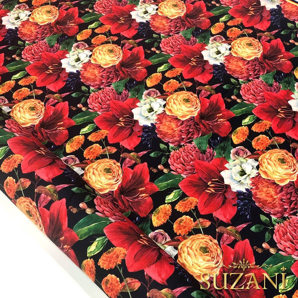 Kırmızı Yılbaşı Çiçekli Dijital Baskılı Kumaş