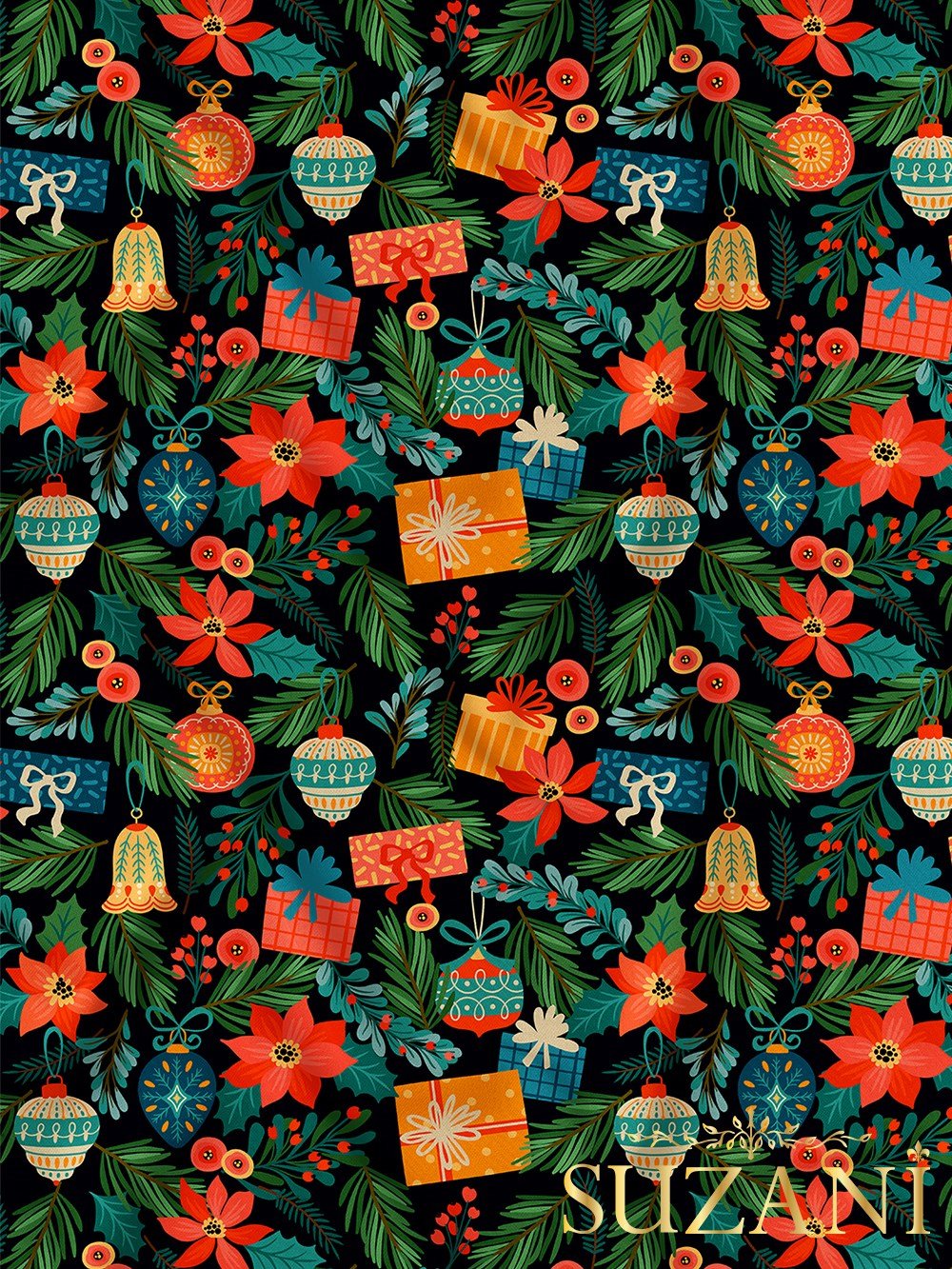 Koyu Lacivert Zemin Yılbaşı Süsleri Desenli Dijital Baskılı Kumaş