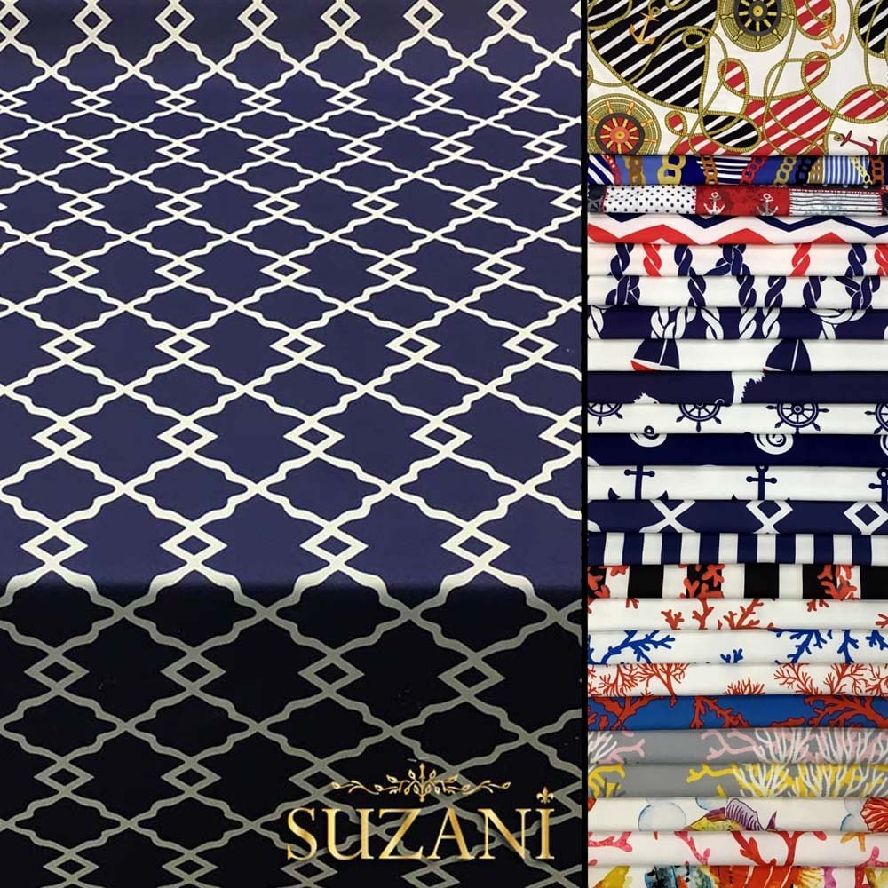 Lacivert Zemin Denizci Örgü Desenli Kumaş