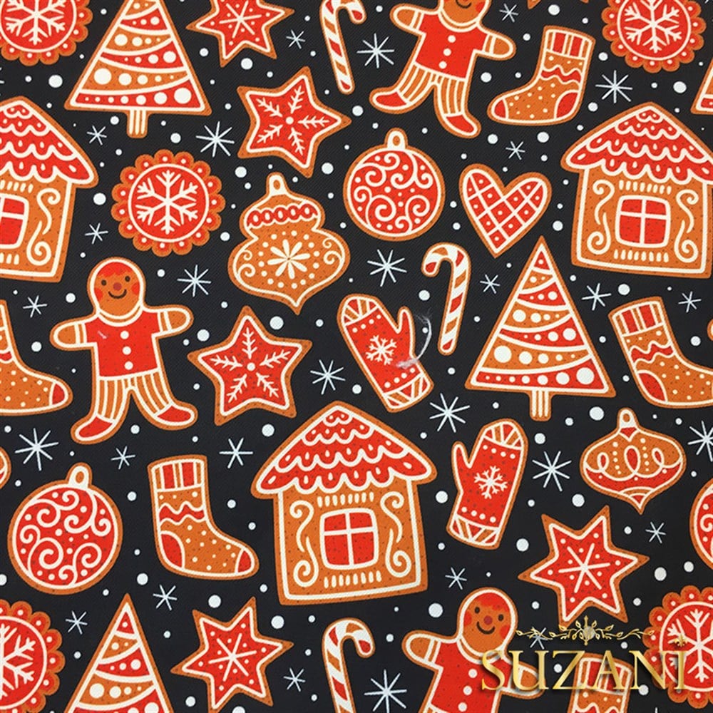 Lacivert Zemin Kurabiyeli Yılbaşı Desenli Kumaş