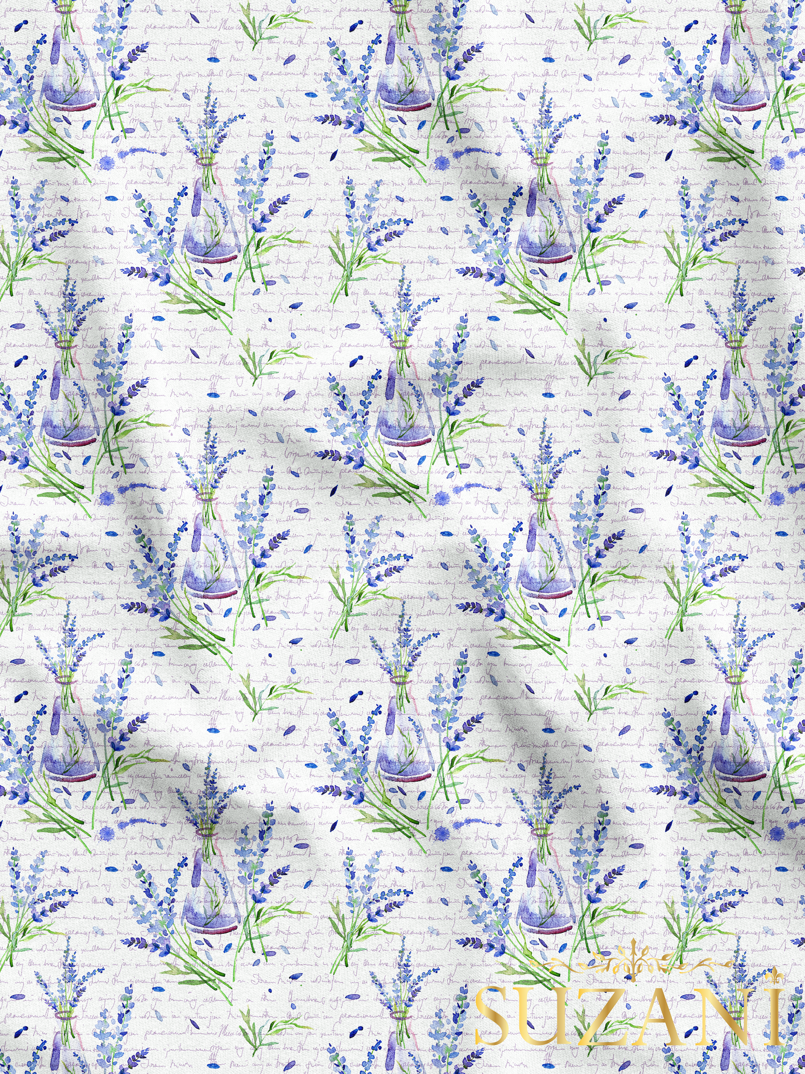 Lavanta Bahçesi Beyaz Zemin Desenli Dijital Baskılı Kumaş