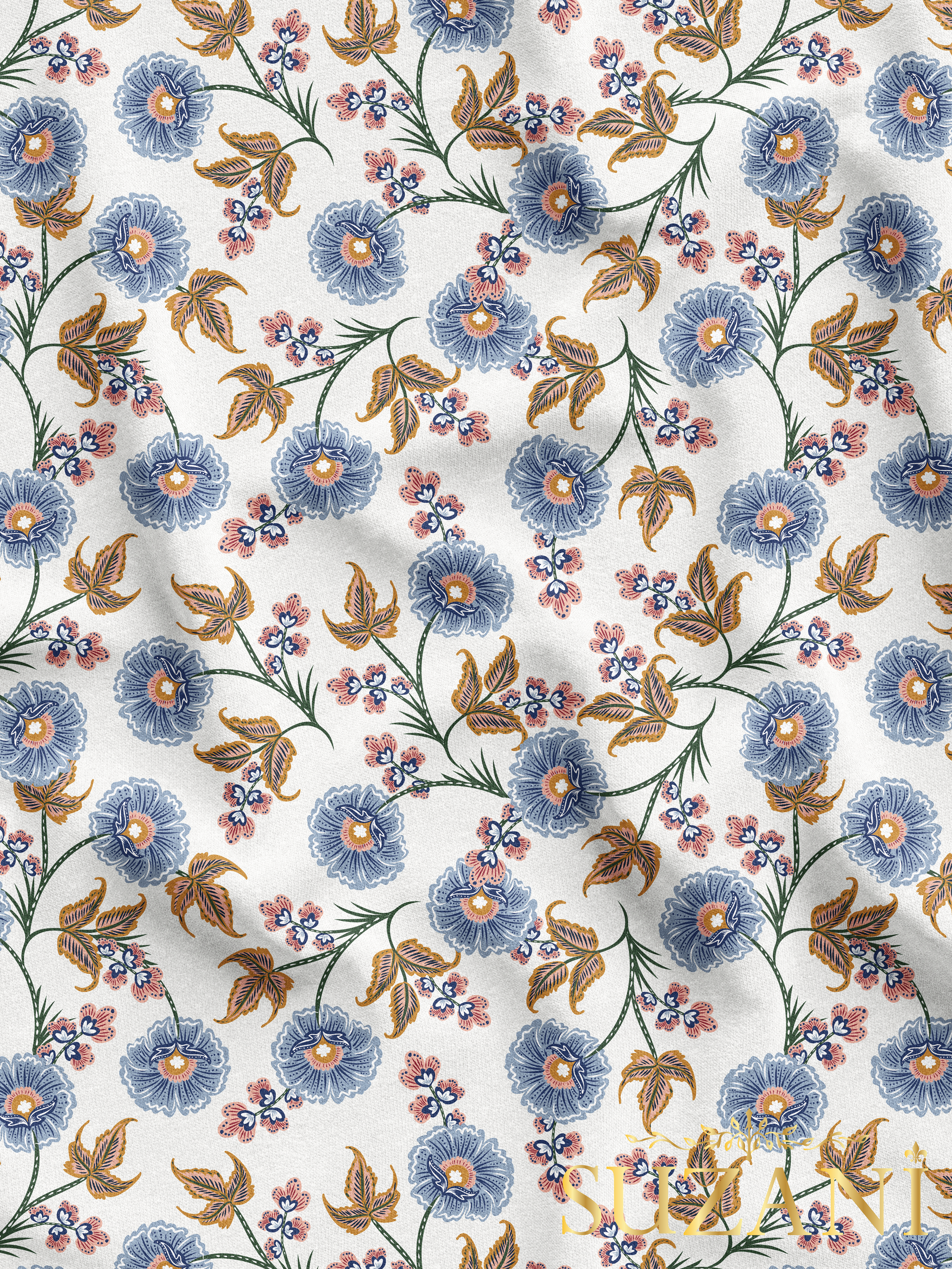 Mavi Çiçek Desenli Dijital Baskılı Kumaş