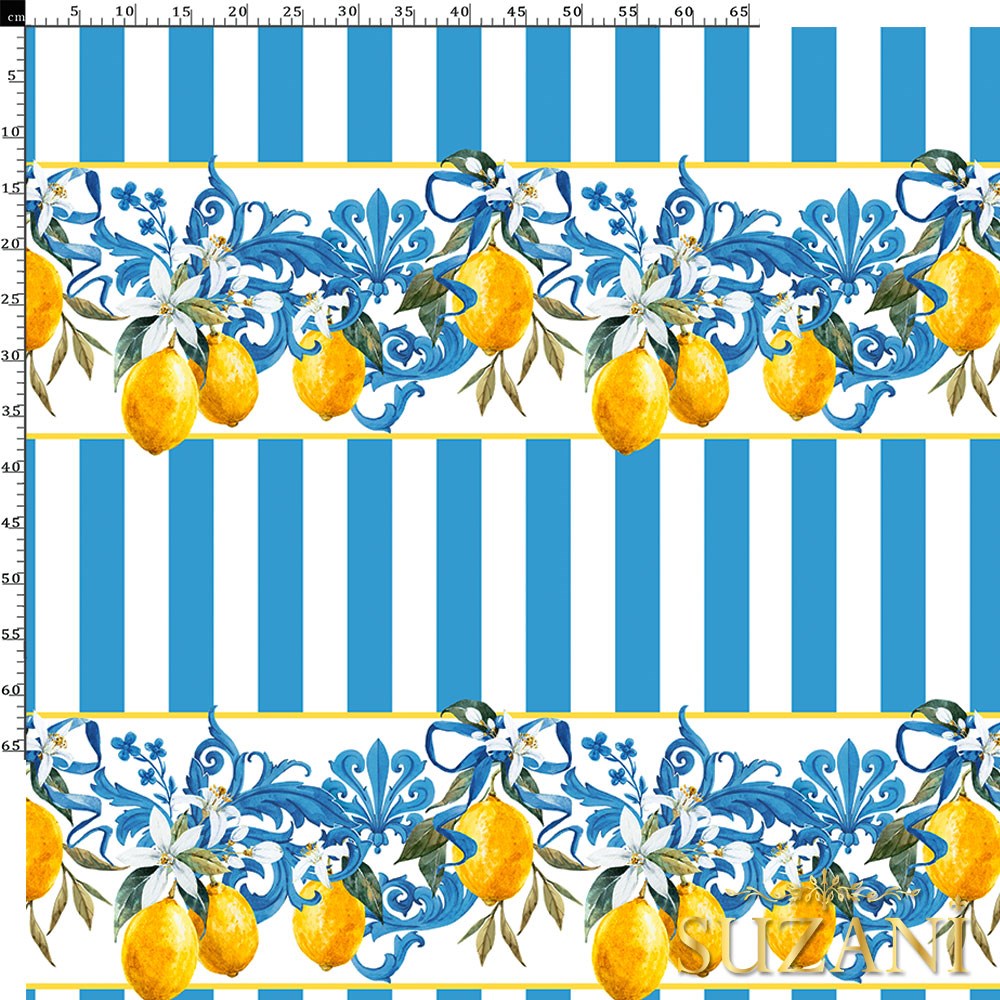 Mavi Çizgili Limon Desenli Dijital Baskılı Kumaş (Pembe)