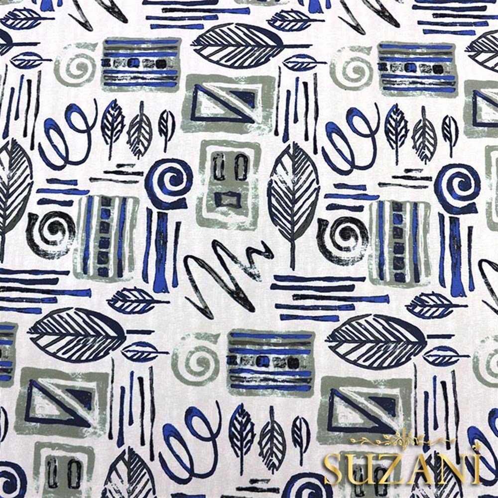 Mavi Fosil Yaprak Desenli Kumaş