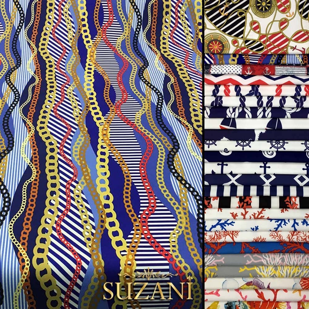 Mavi Sarı Zincir Desenli Kumaş