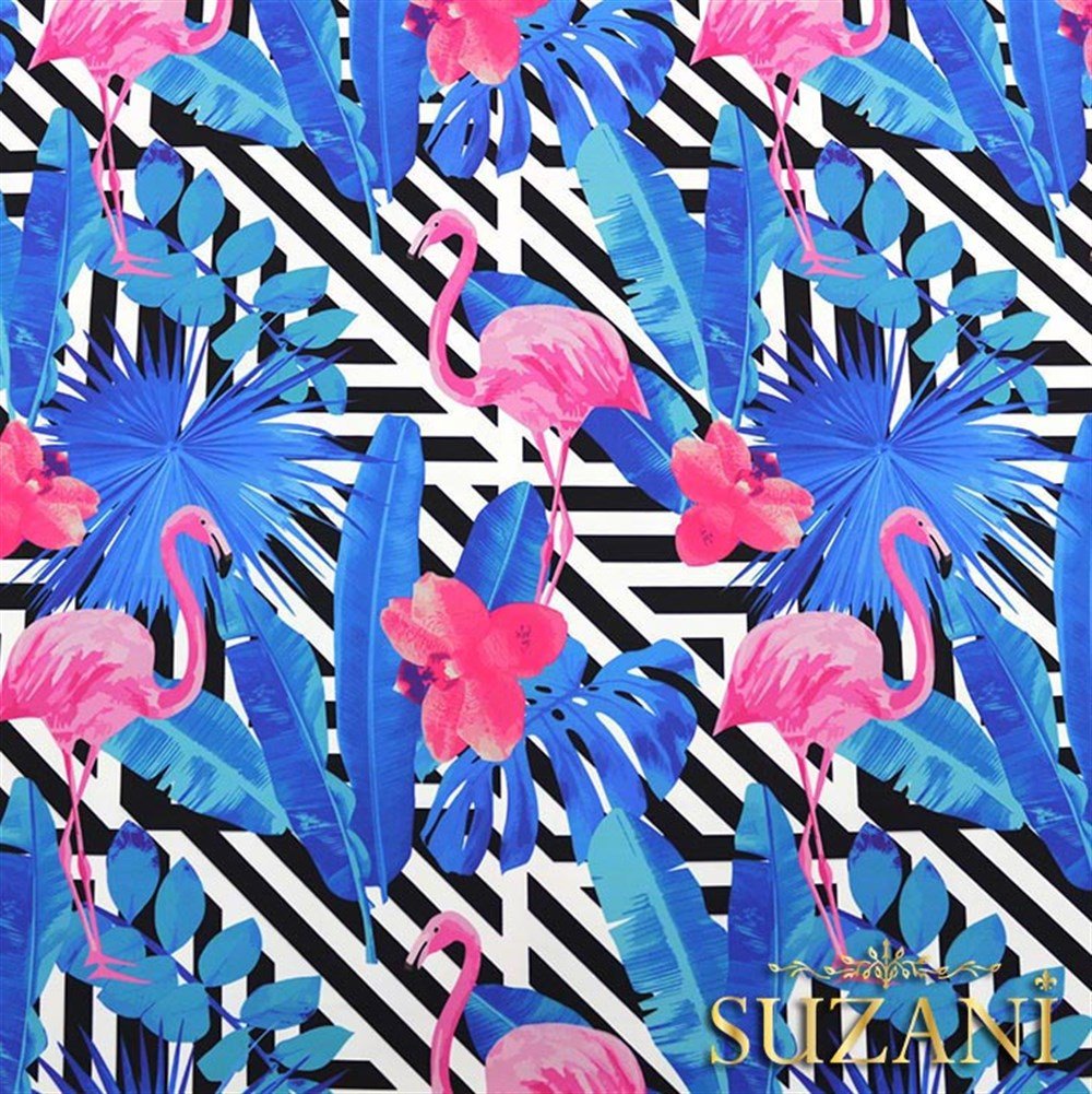 Mavi Yapraklı Flamingo Desenli Kumaş