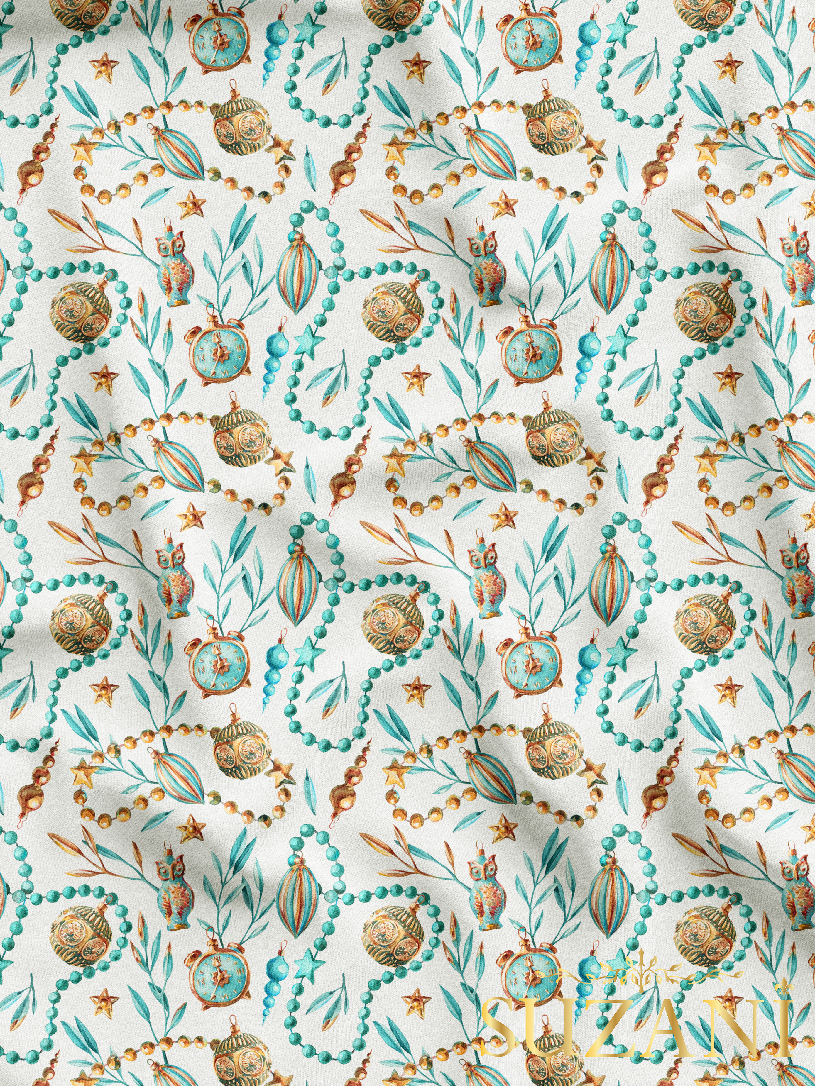 Mavi Yılbaşı Süsleri Desenli Dijital Baskılı Kumaş