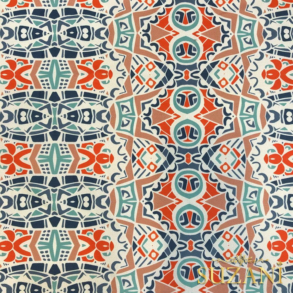 Mint-Turuncu Etnik Desenli Dijital Baskılı Kumaş