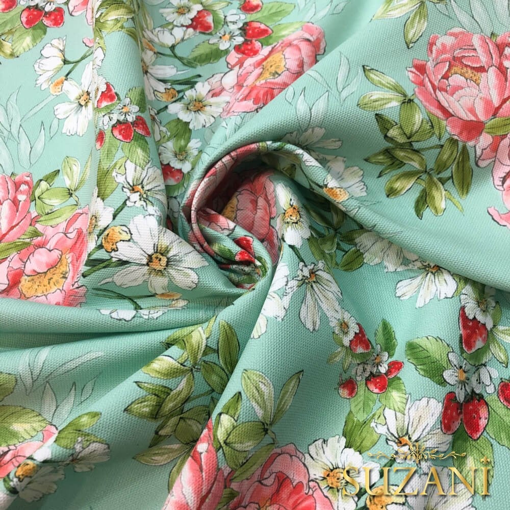 Mint Zemin Şakayık Desenli Dijital Baskılı Kumaş