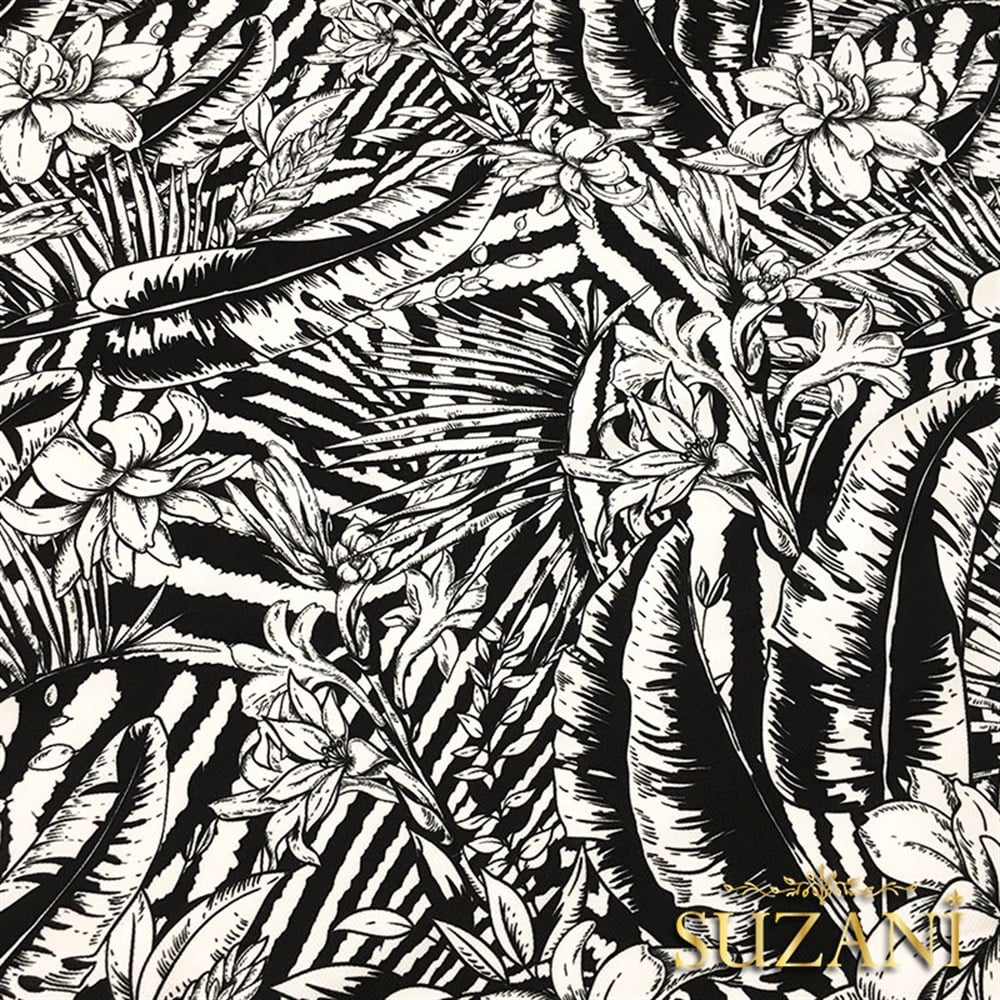 Monokrom Yapraklar Desenli Kumaş