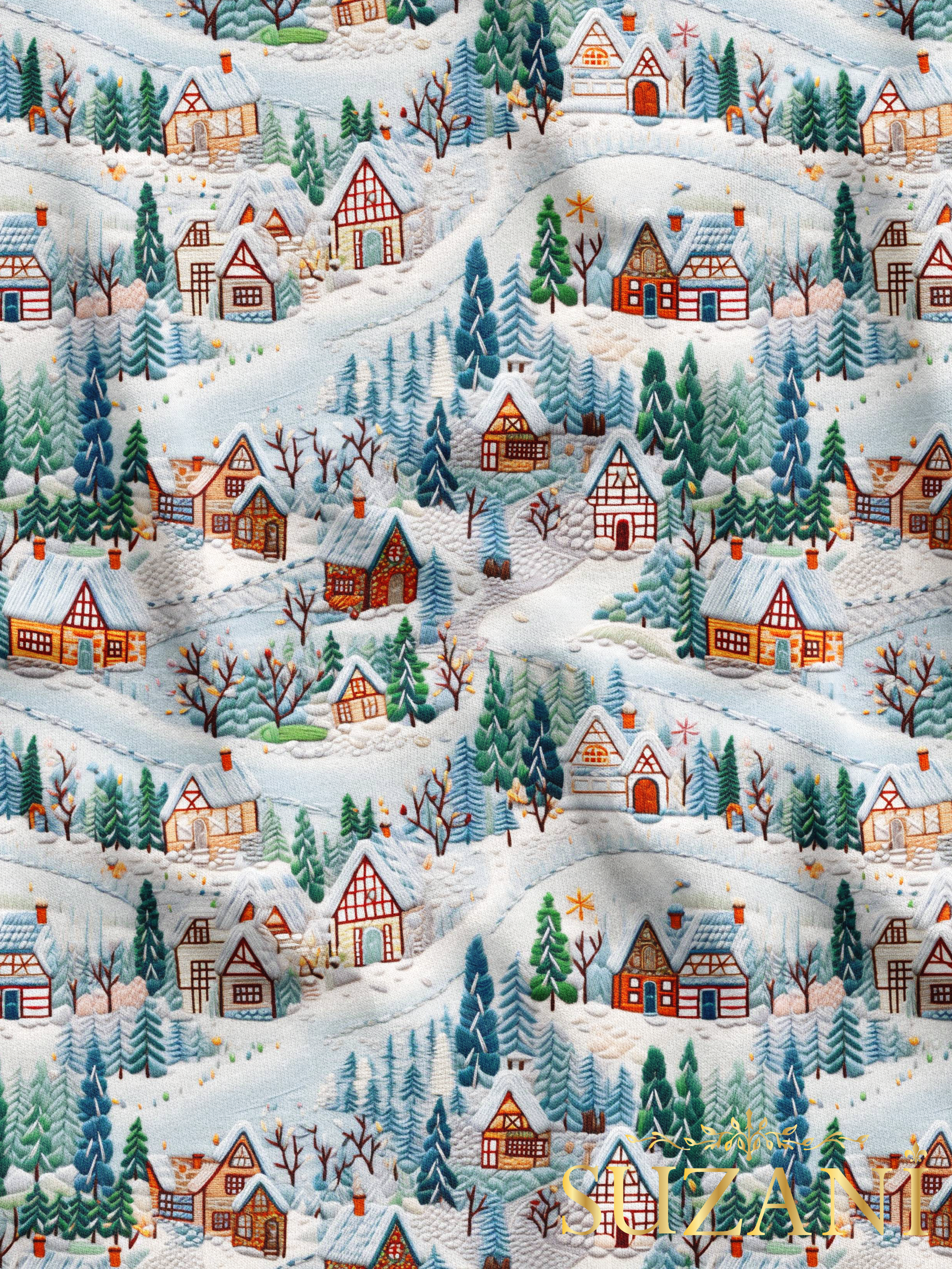 Nakış Efektli Kış Evleri Desenli Dijital Baskılı Kumaş