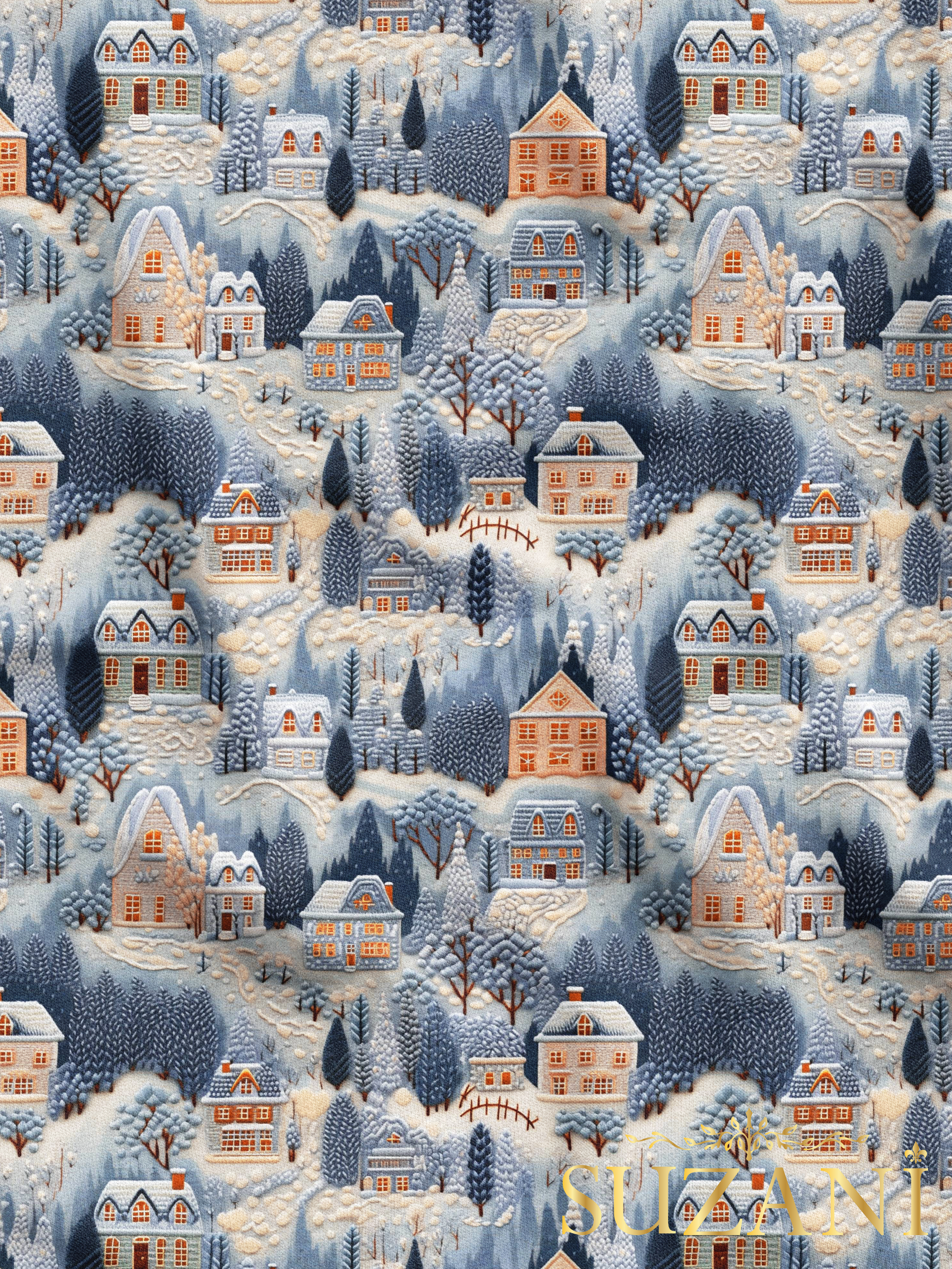 Nakış Efektli Kış Evleri Desenli Dijital Baskılı Kumaş