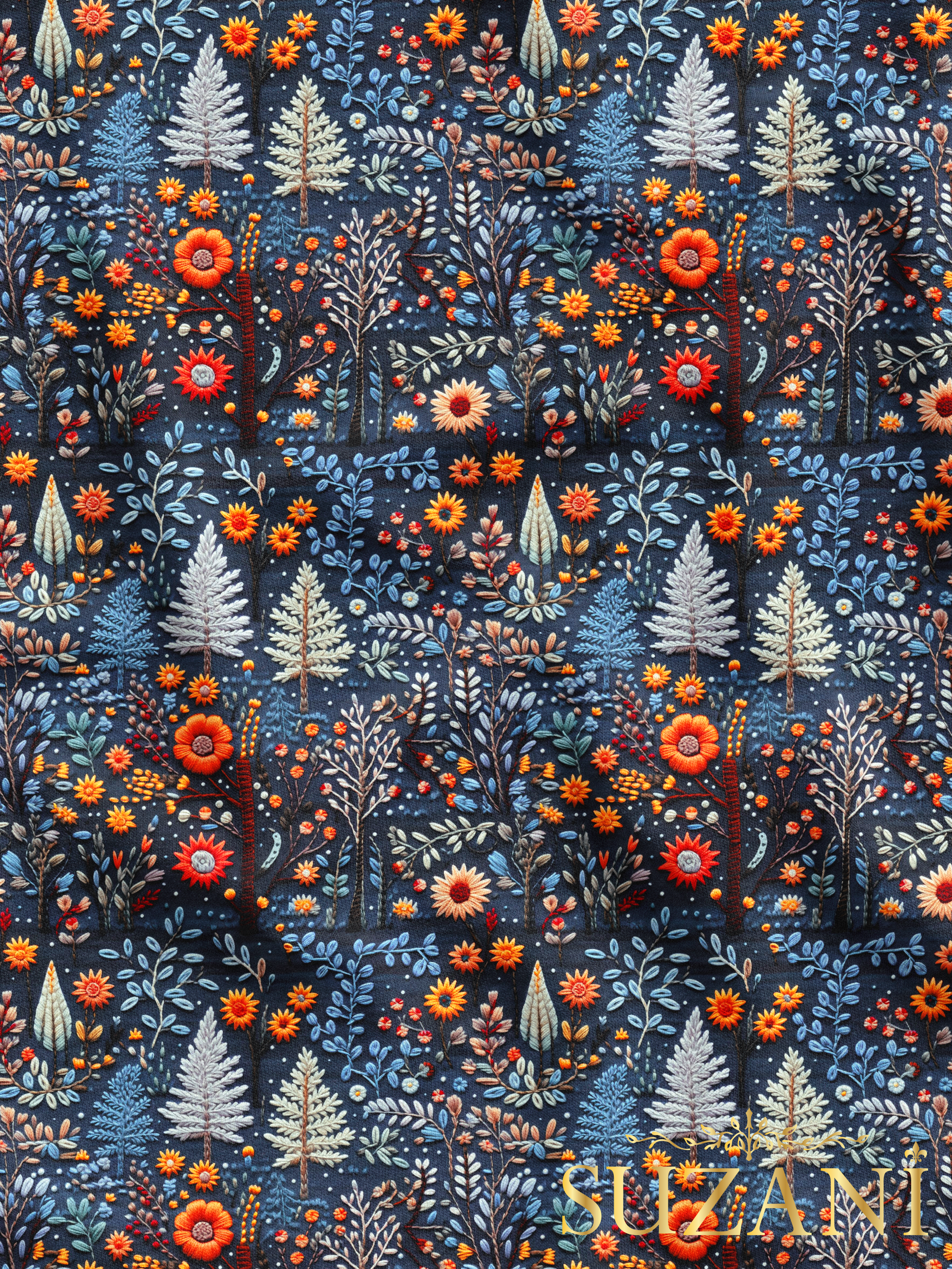 Nakış Efektli Kış Evleri Desenli Dijital Baskılı Kumaş