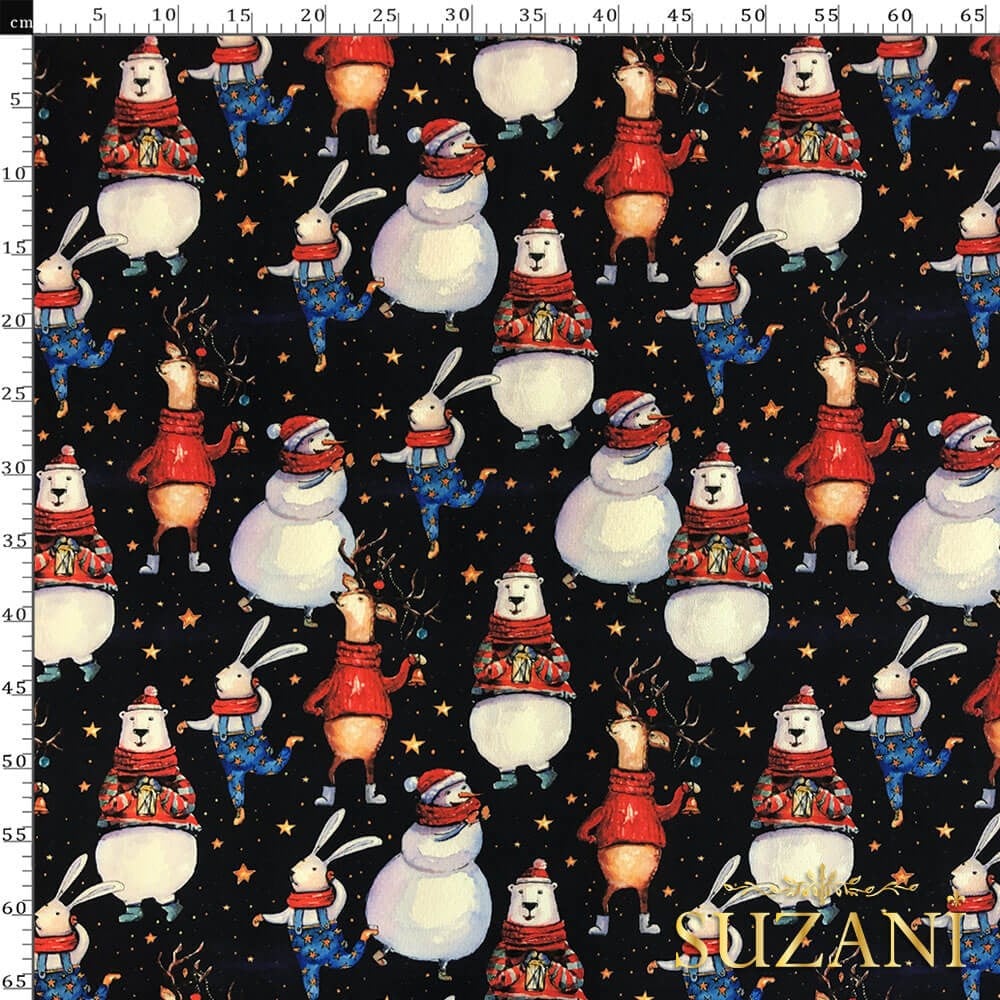 Neşeli Yılbaşı Hayvanları Desenli Dijital Baskılı Kumaş