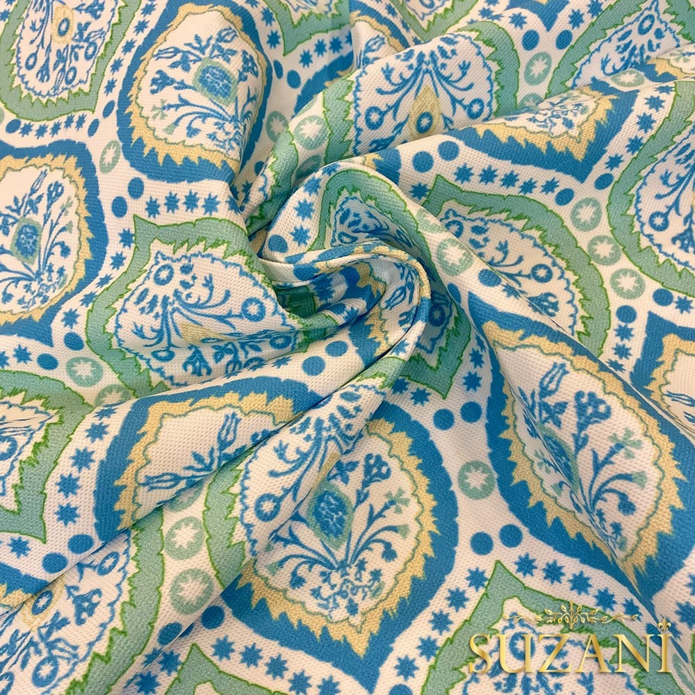 Okyanus Mavi Damla Damask Desenli Dijital Baskılı Kumaş