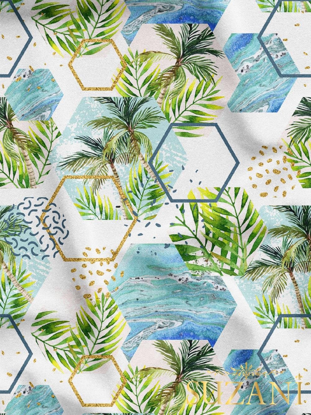 Palmiye Geometrik Desenli Dijital Baskılı Kumaş