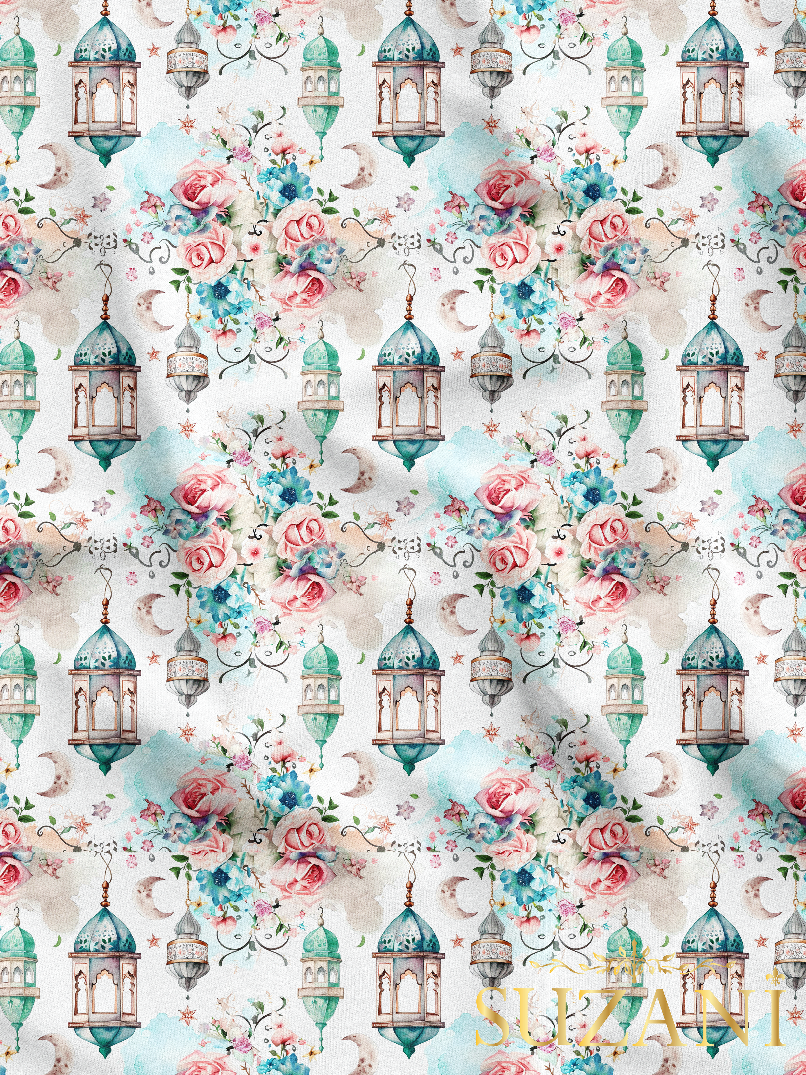 Ramazan Temalı Çiçekli Lambalar Desenli Dijital Baskılı Kumaş