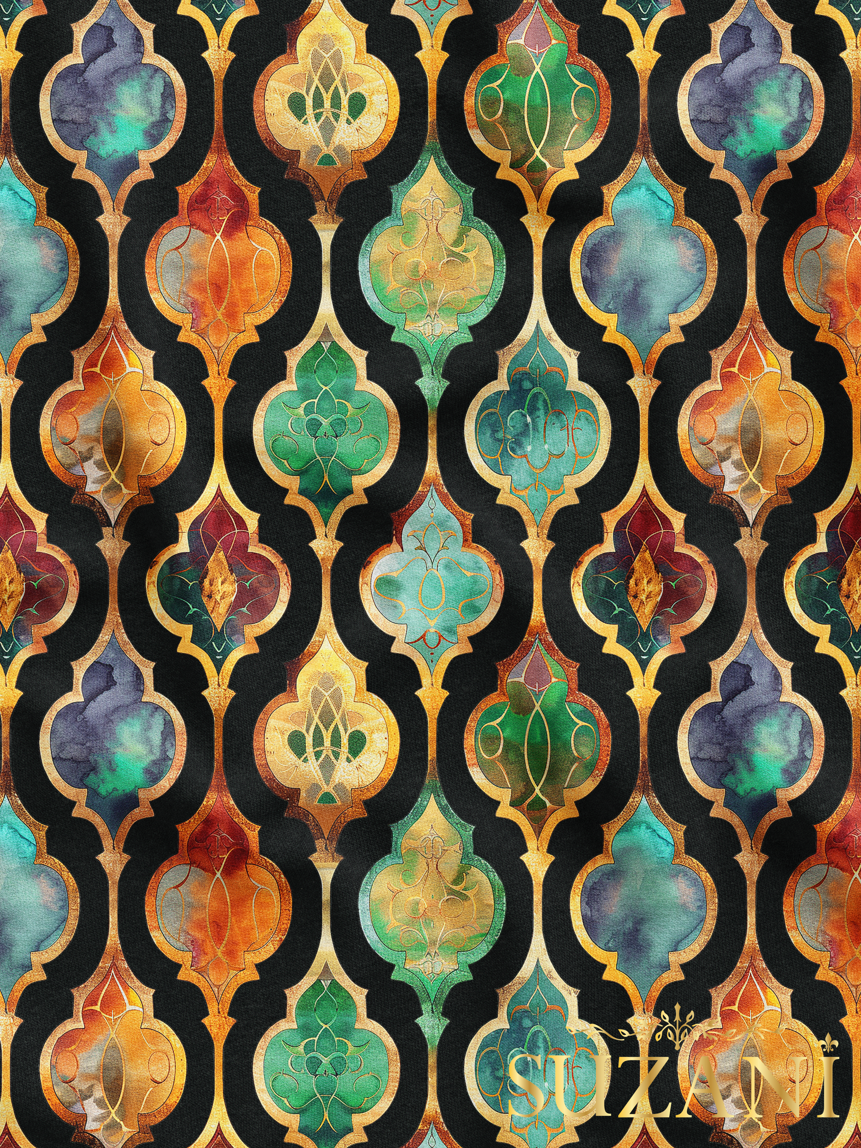 Ramazan Temalı Siyah Zemin Damla Desenli Dijital Baskılı Kumaş