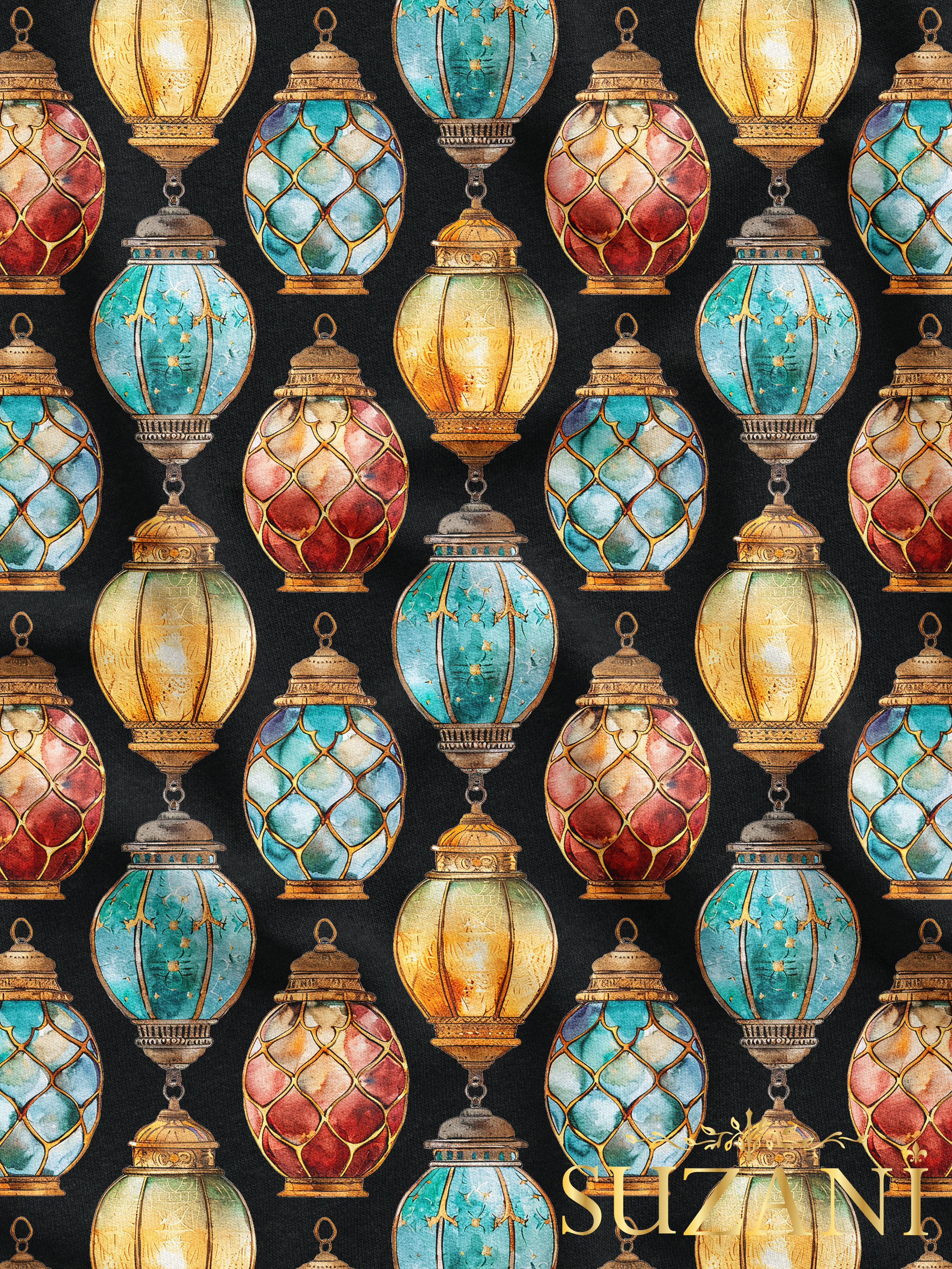 Ramazan Temalı Siyah Zemin Lamba Desenli Dijital Baskılı Kumaş