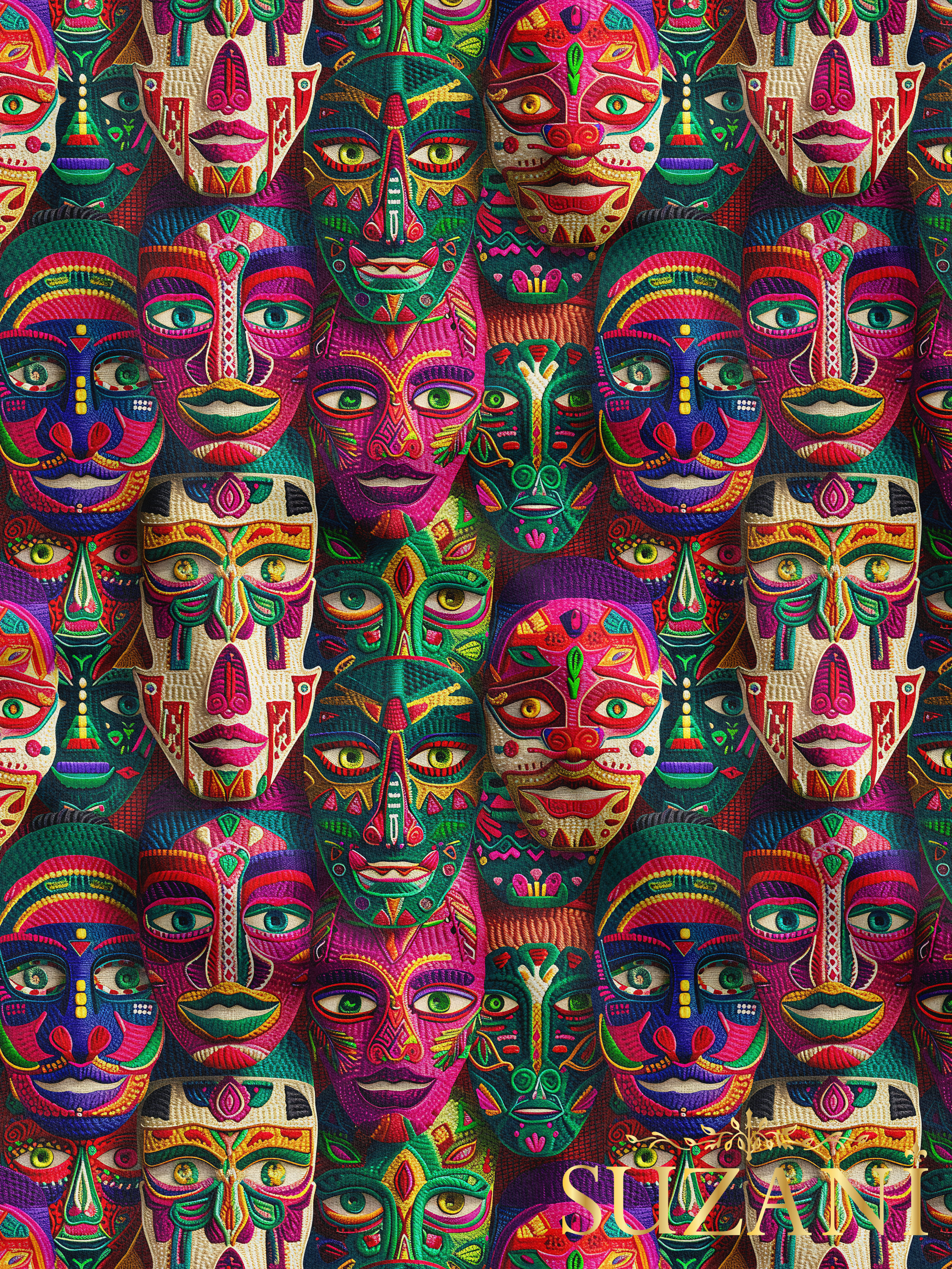 Renkli Maske Desenli Dijital Baskılı Kumaş