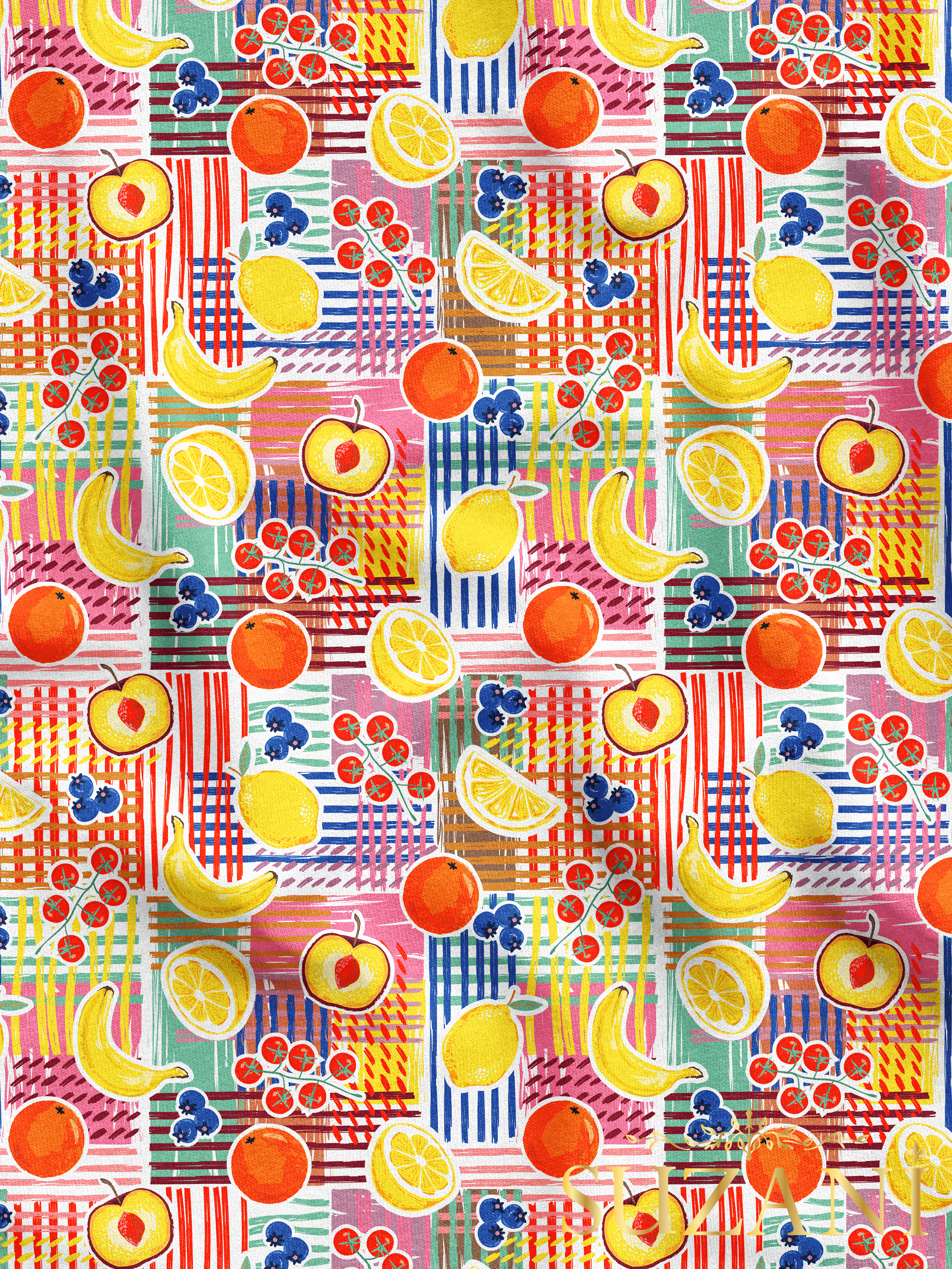 Renkli Yaz Meyveleri Desenli Dijital Baskılı Kumaş