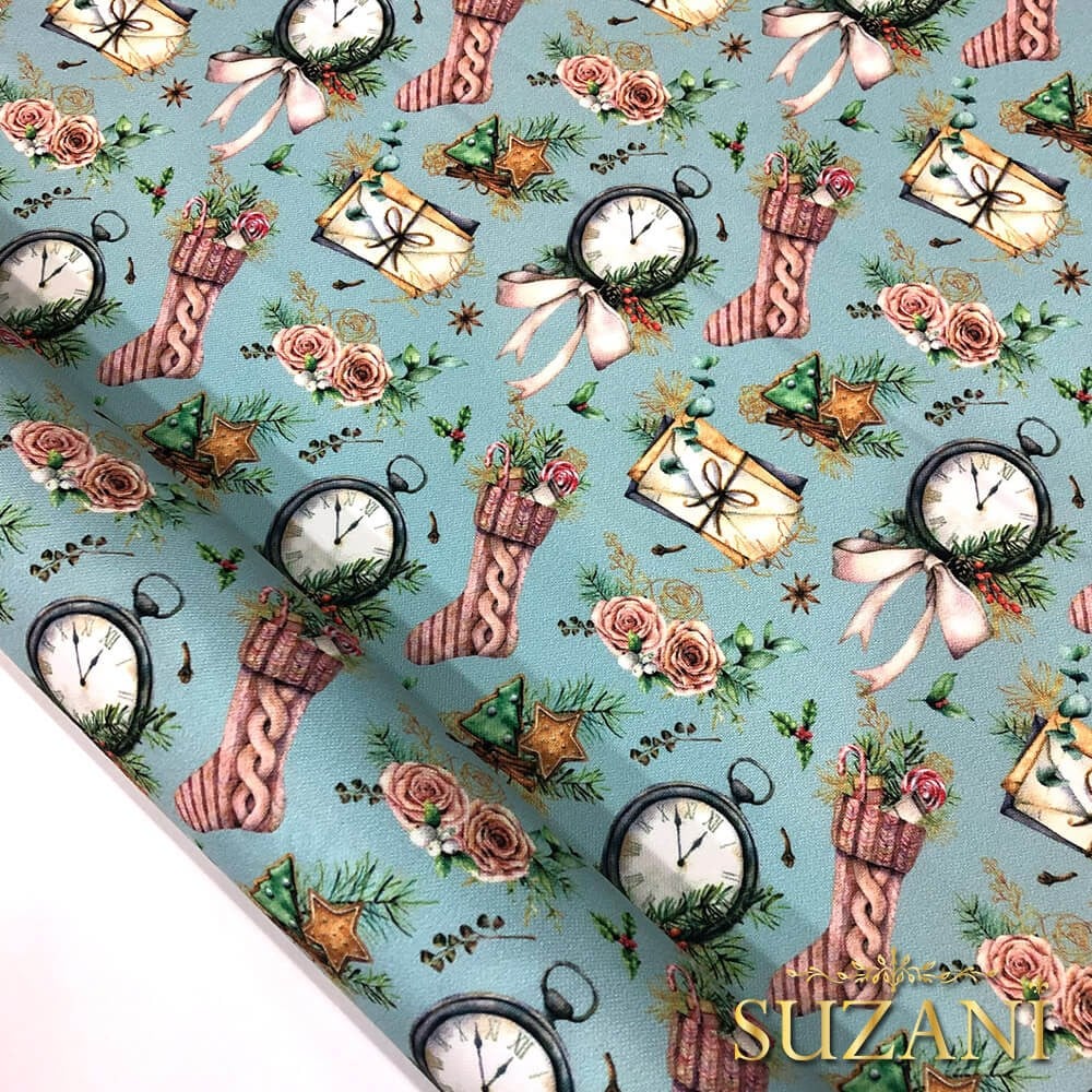 Saat Desenli Dijital Baskılı Kumaş