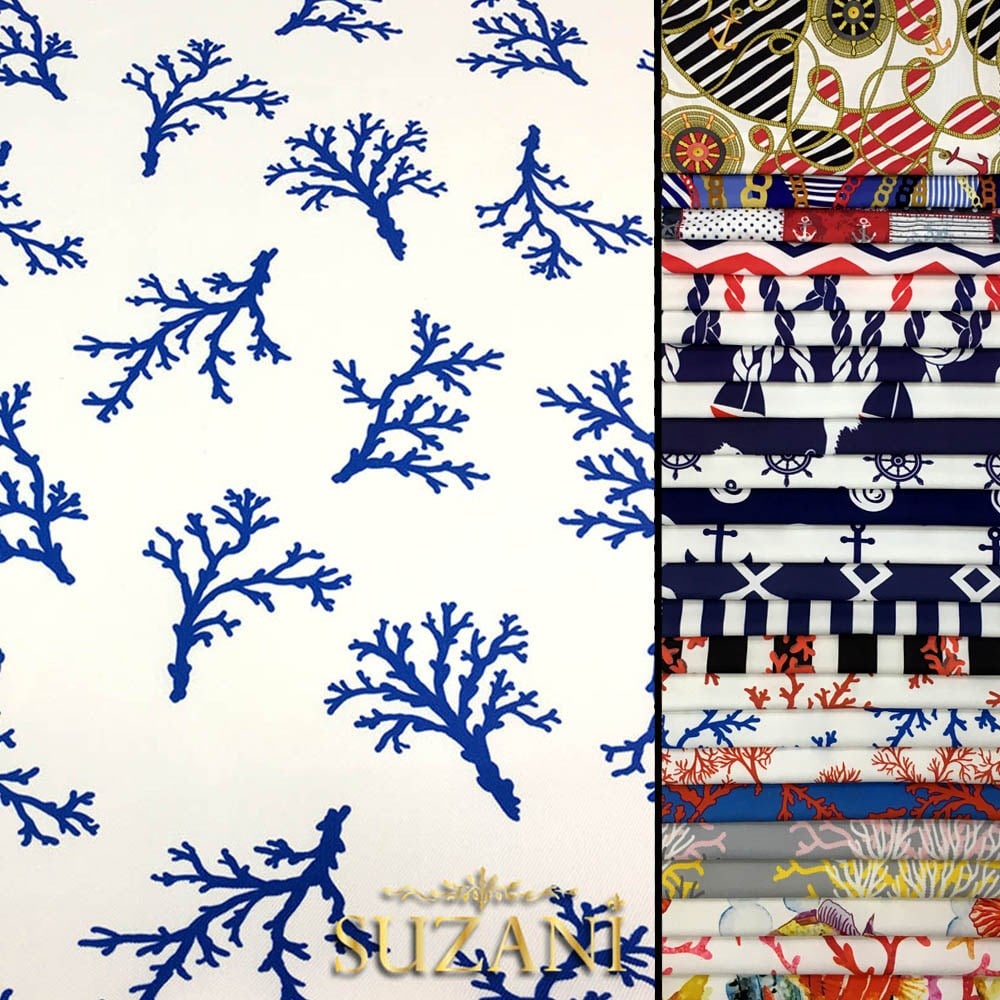 Saks Mavi Mercan Dalı Desenli Kumaş