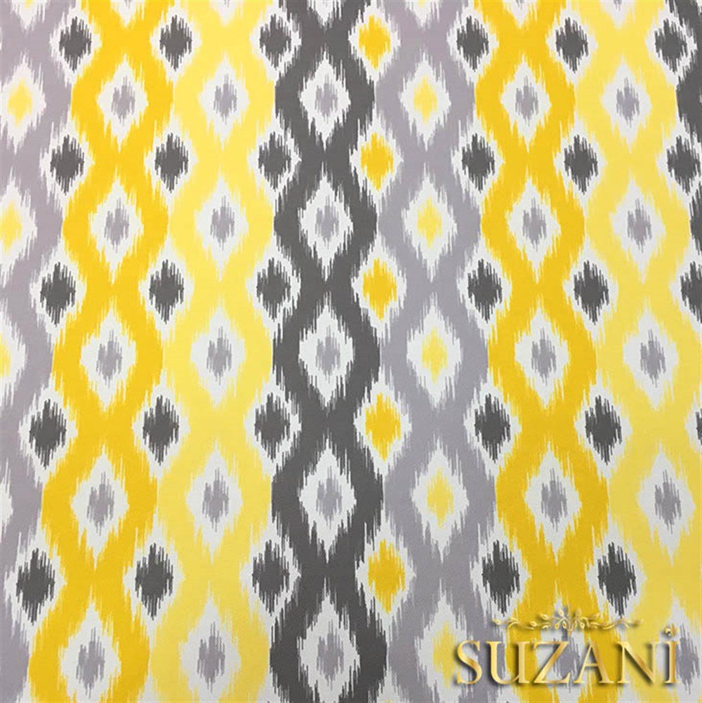 Sarı Gri Baklava İkat Desenli Kumaş
