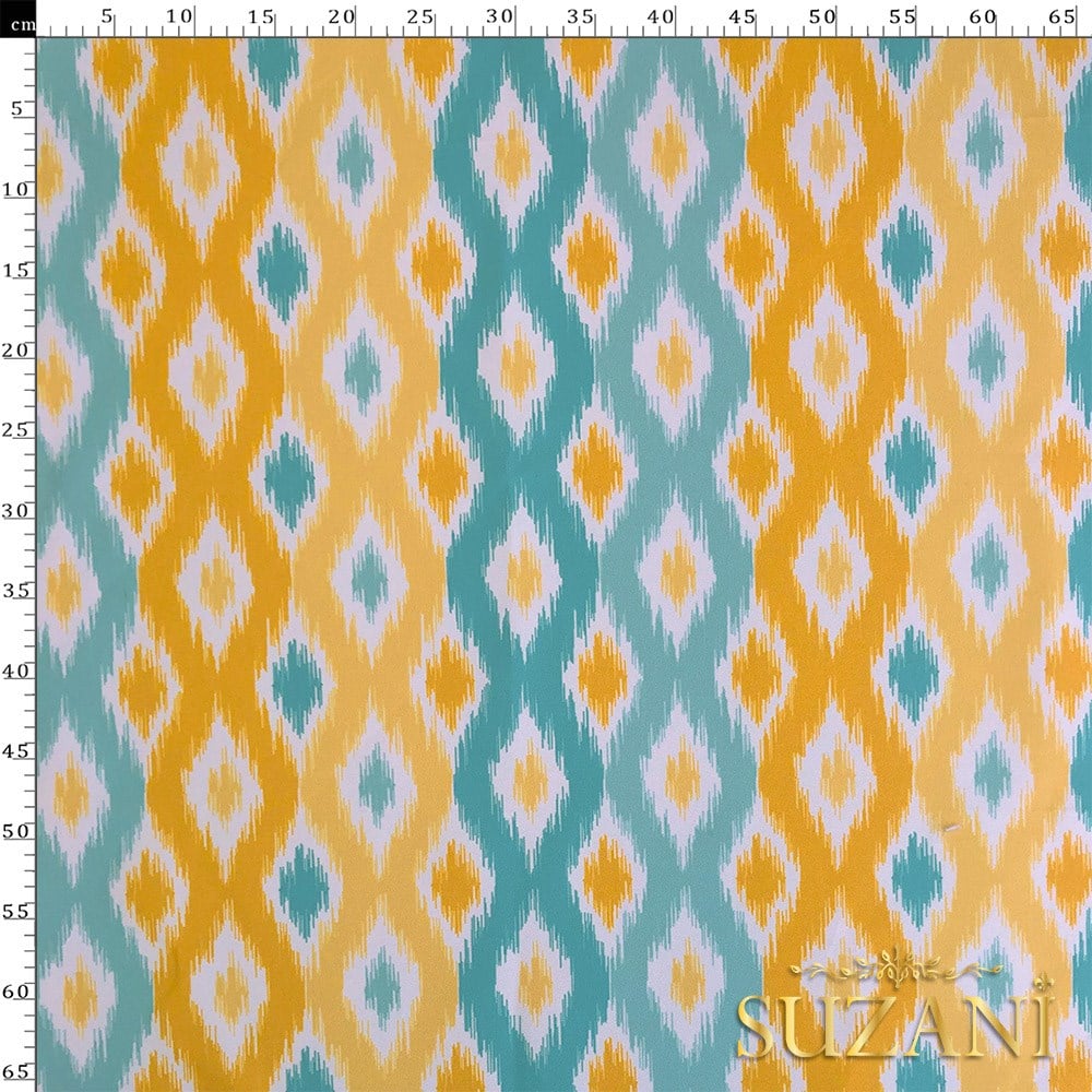Sarı Turkuaz İkat Desenli Dijital Baskılı Kumaş