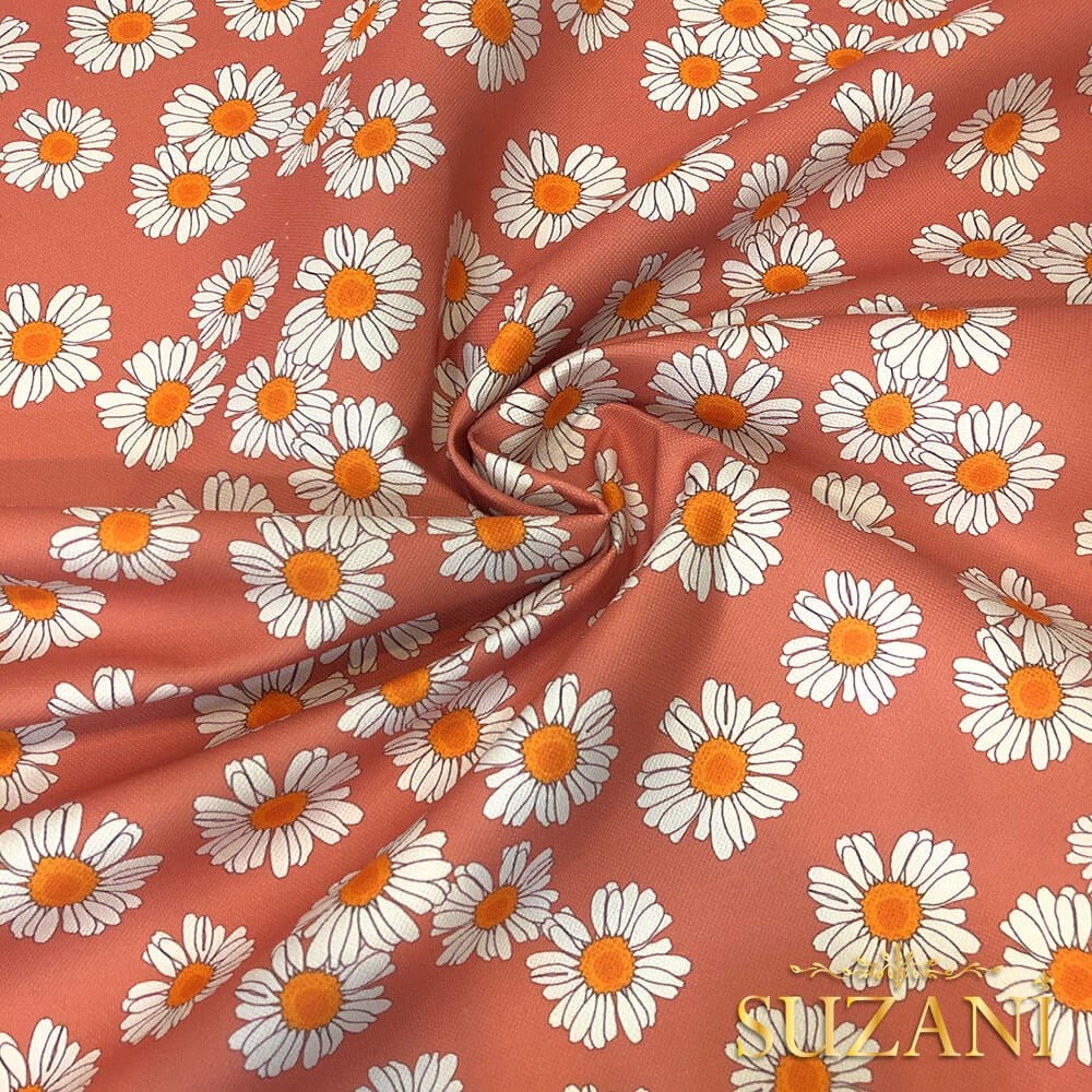 Şeftali Papatya Desenli Dijital Baskılı Kumaş