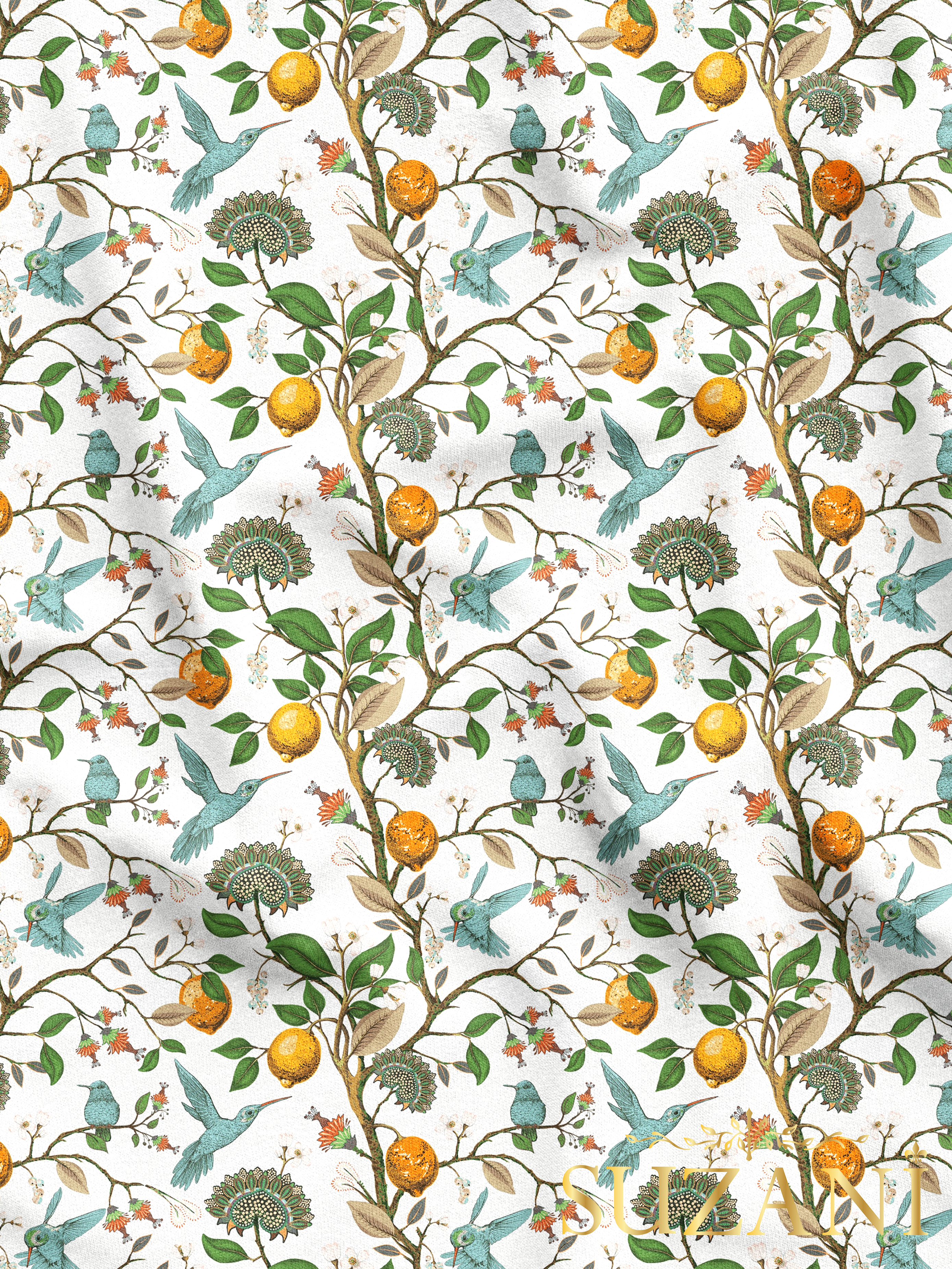 Sinek Kuşu ve Limon Ağacı Desenli Dijital Baskılı Kumaş